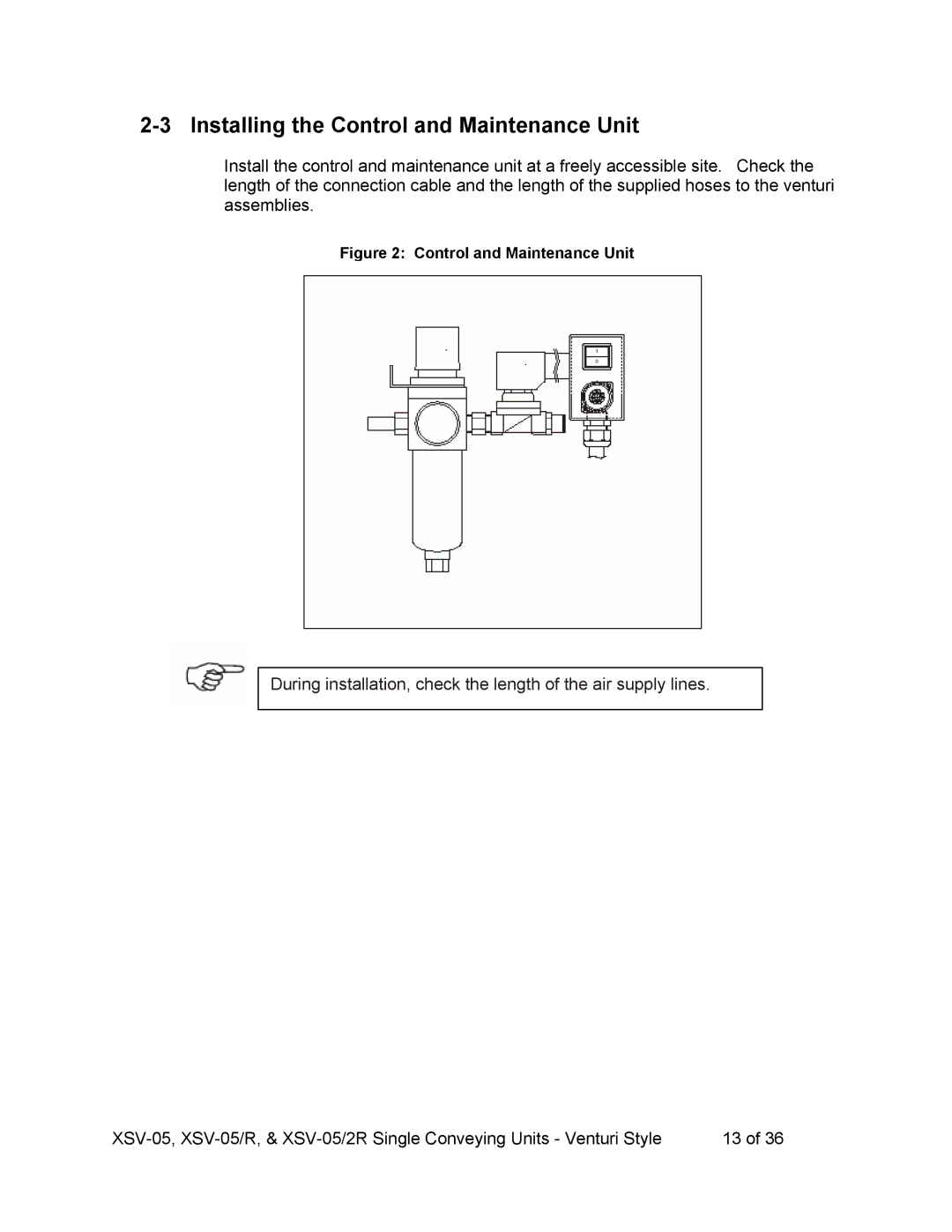 Sterling SSV-05R, SSV-052R operating instructions Installing the Control and Maintenance Unit 