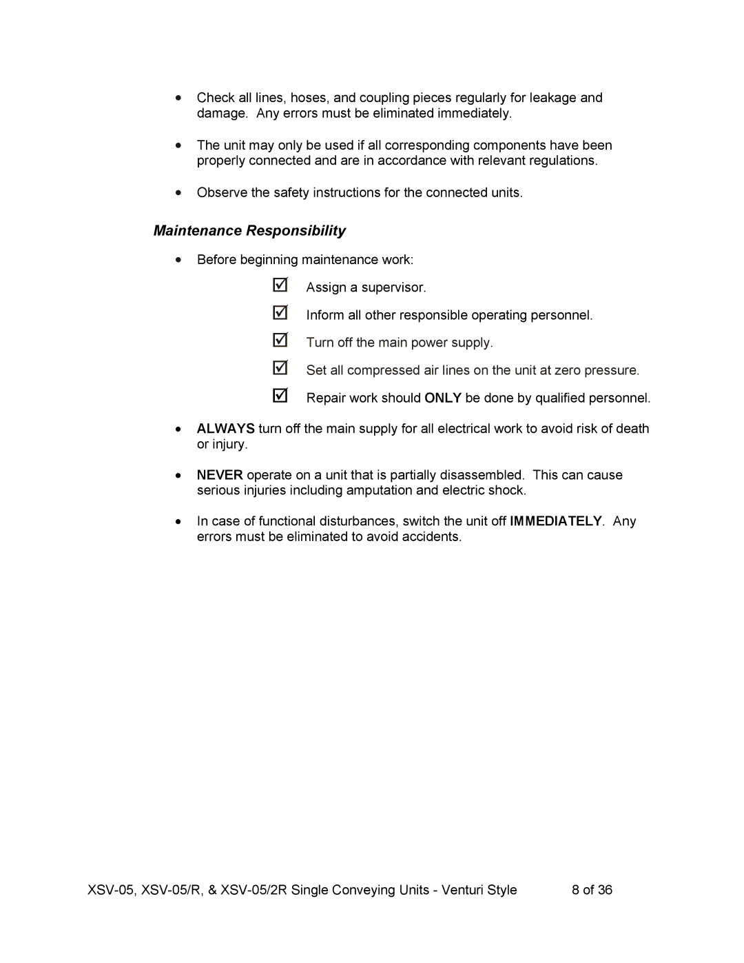 Sterling SSV-052R, SSV-05R operating instructions Maintenance Responsibility 