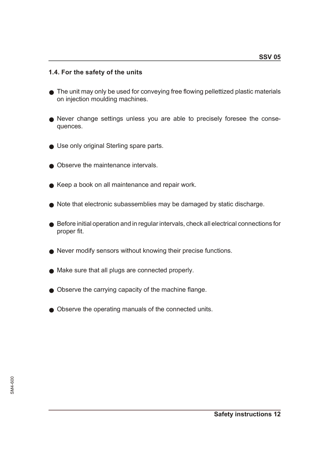 Sterling SSV 05 operating instructions SSV For the safety of the units 