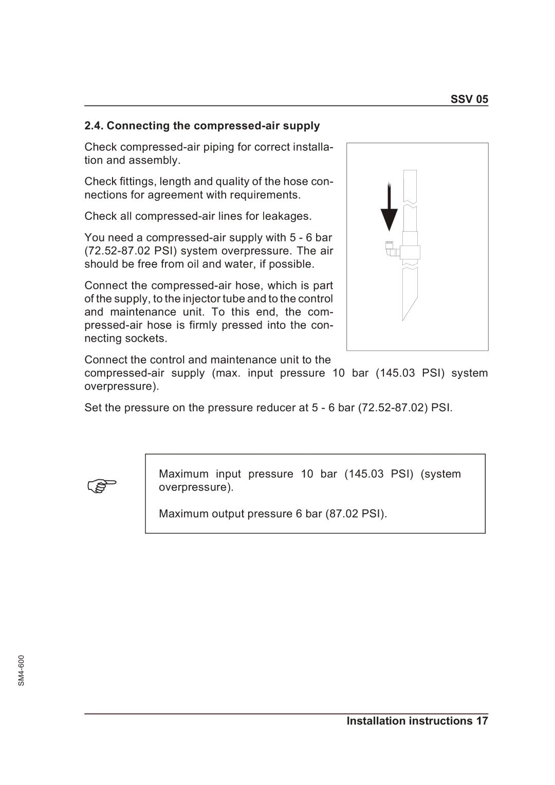 Sterling SSV 05 operating instructions SSV Connecting the compressed-air supply 