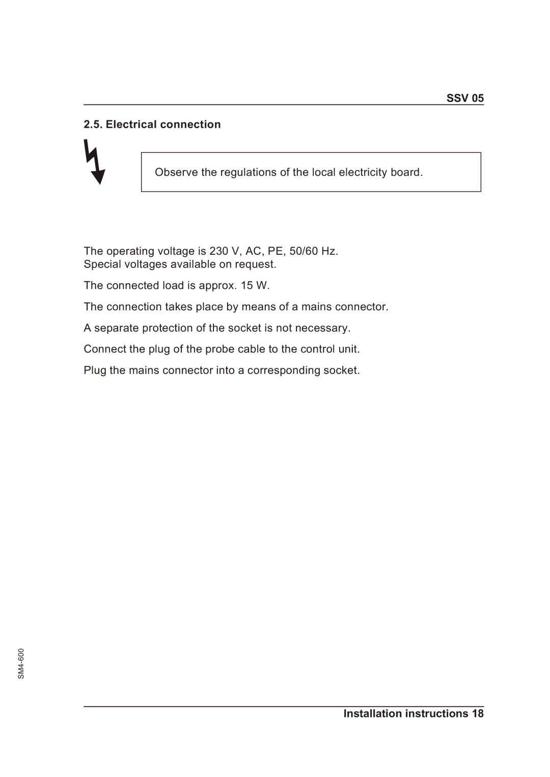 Sterling SSV 05 operating instructions SSV Electrical connection 