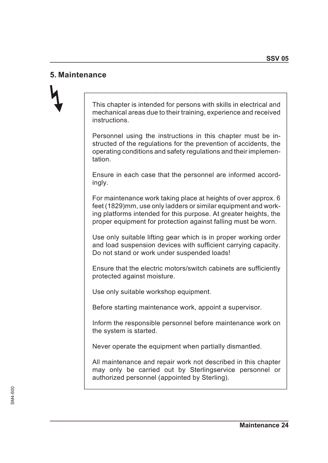 Sterling SSV 05 operating instructions Maintenance, Ssv 