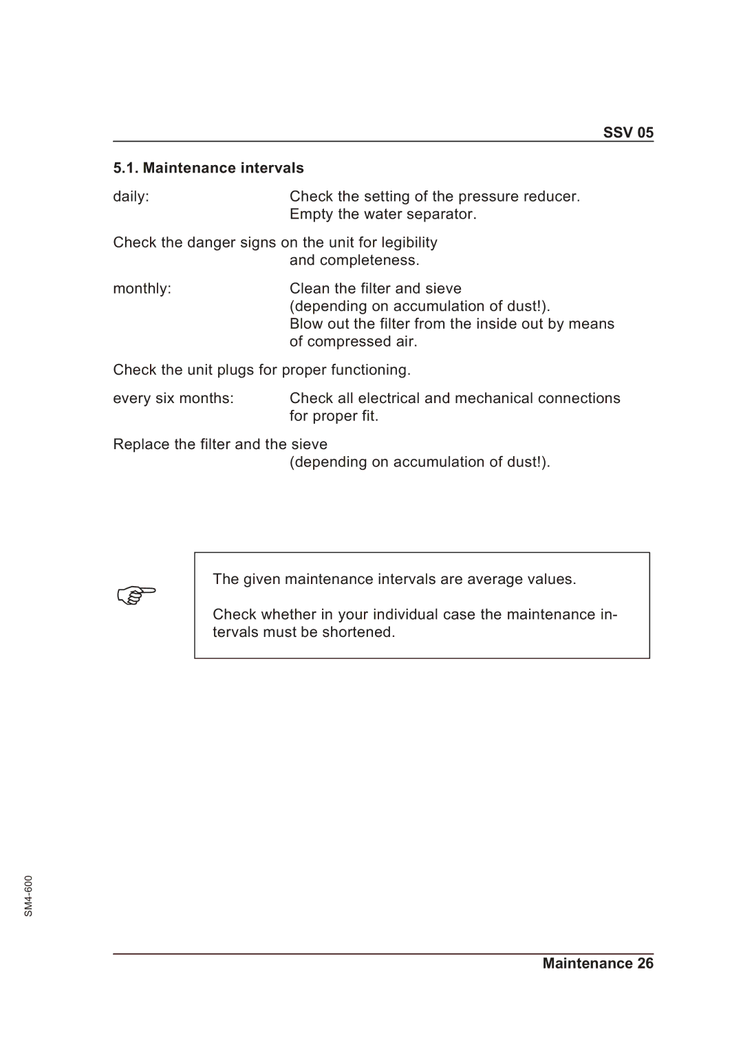 Sterling SSV 05 operating instructions SSV Maintenance intervals 