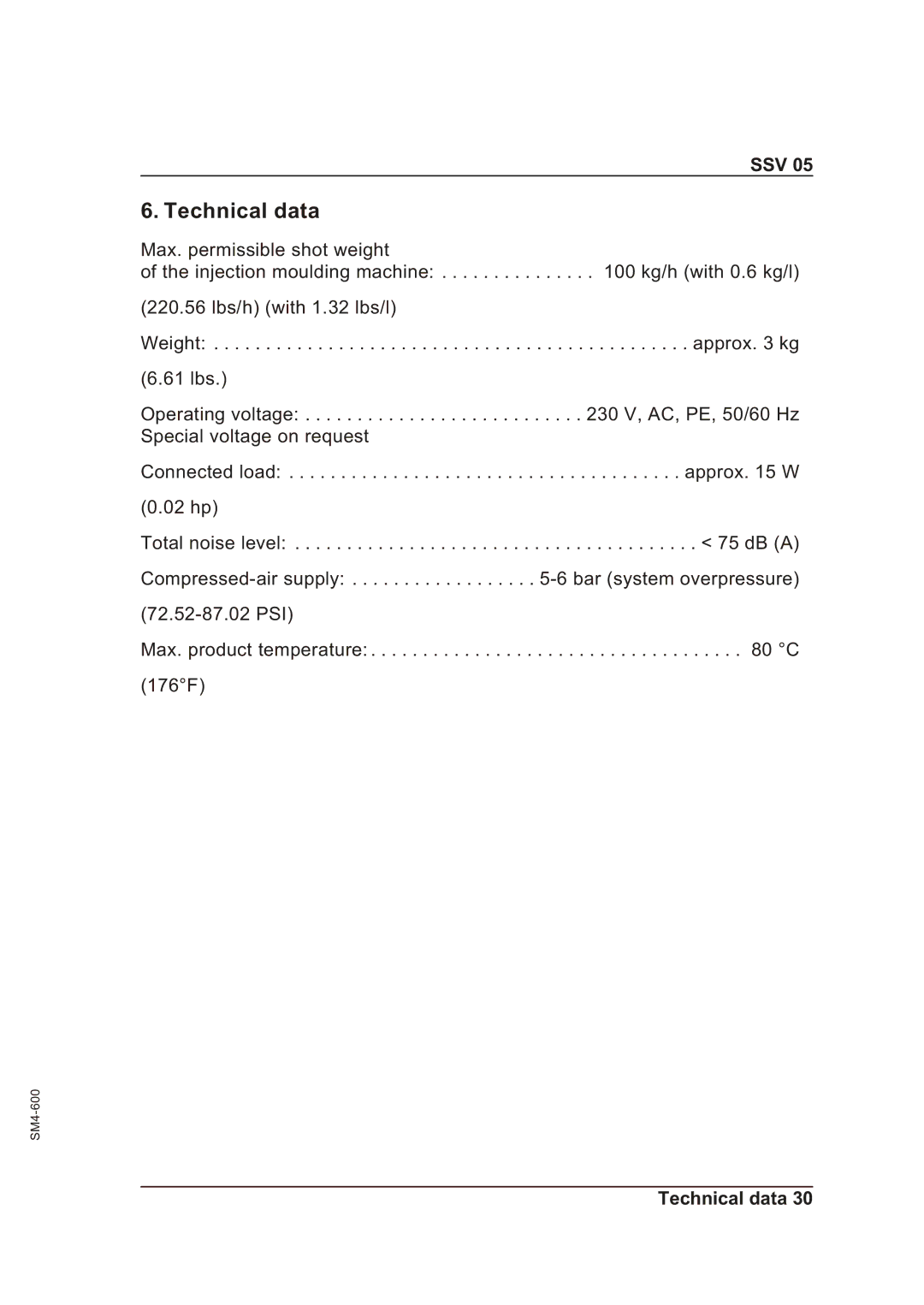 Sterling SSV 05 operating instructions Technical data, Ssv 