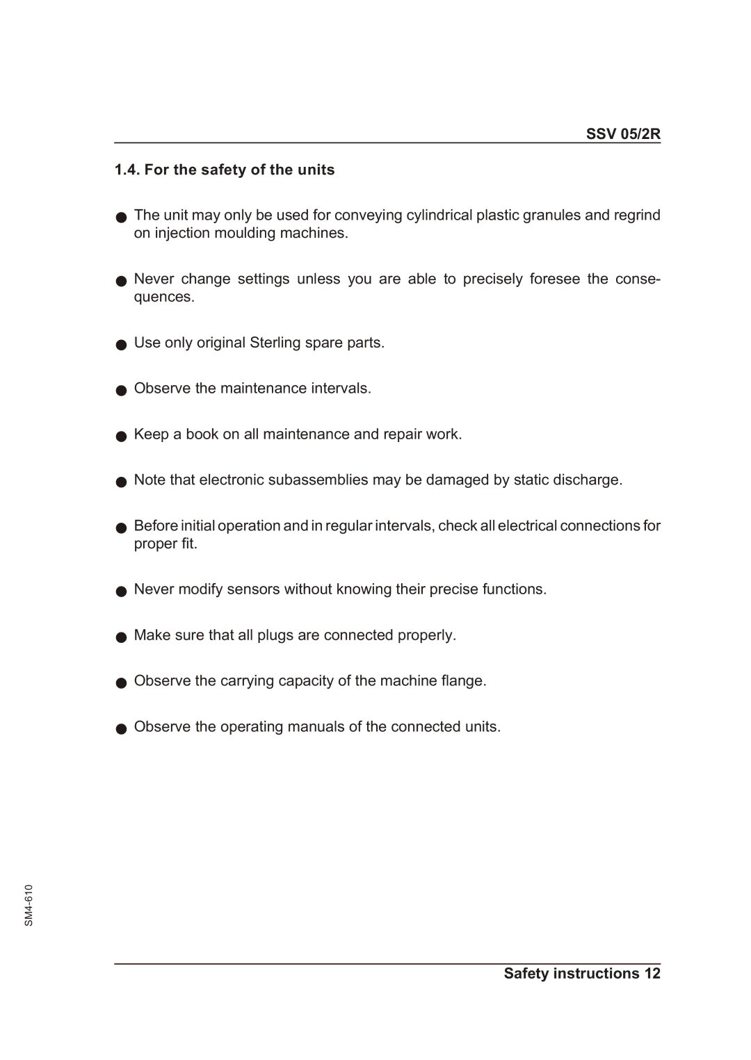 Sterling operating instructions SSV 05/2R For the safety of the units 