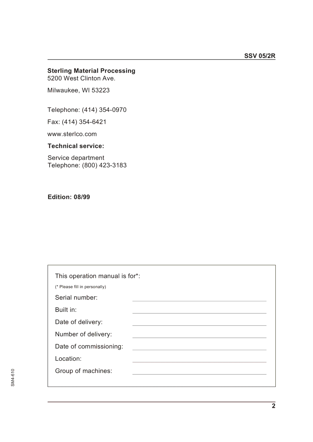 Sterling operating instructions SSV 05/2R Sterling Material Processing, Technical service, Edition 08/99 