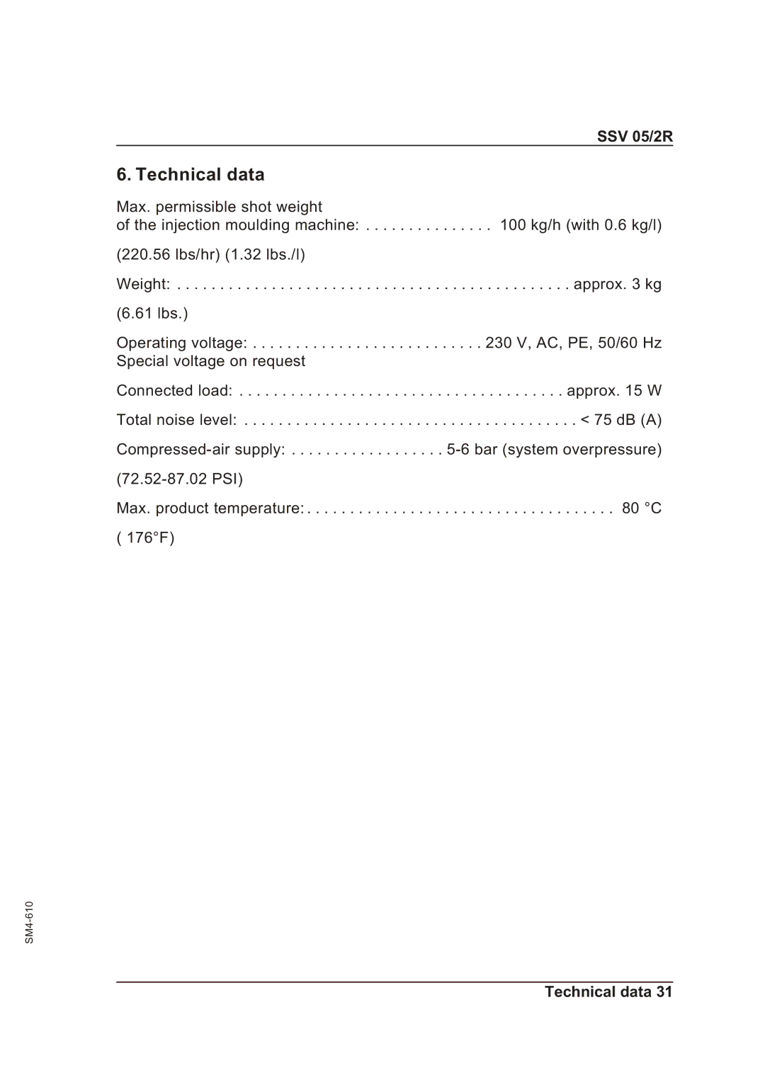 Sterling SSV 05/2R operating instructions Technical data 