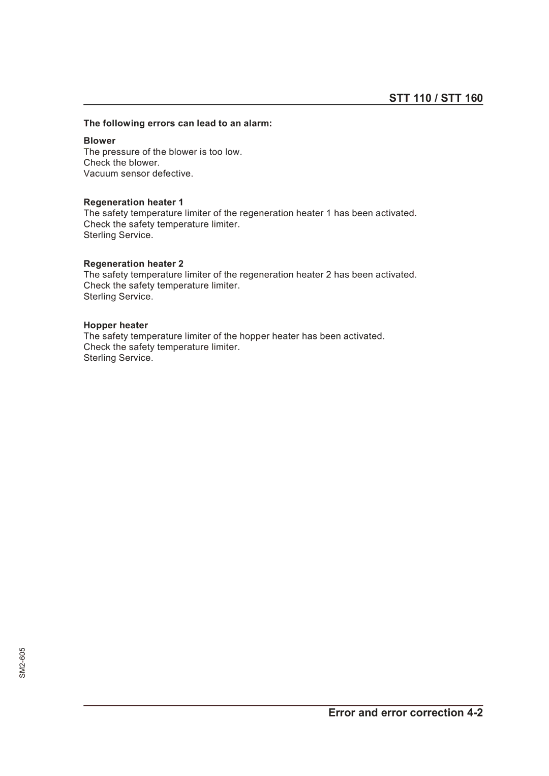 Sterling STT 160, STT 110 manual Following errors can lead to an alarm Blower, Regeneration heater, Hopper heater 