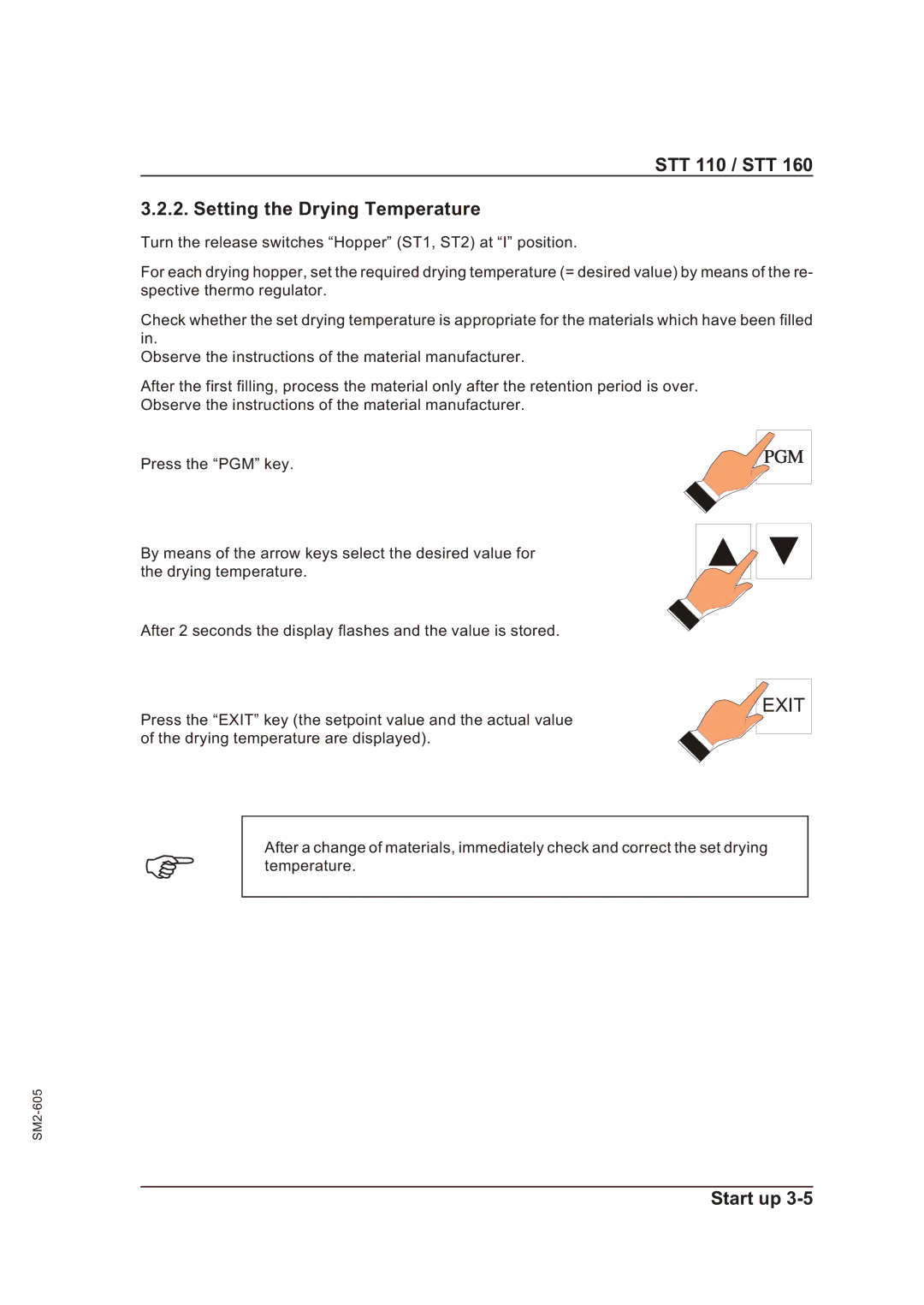 Sterling STT 160 manual STT 110 / STT Setting the Drying Temperature 