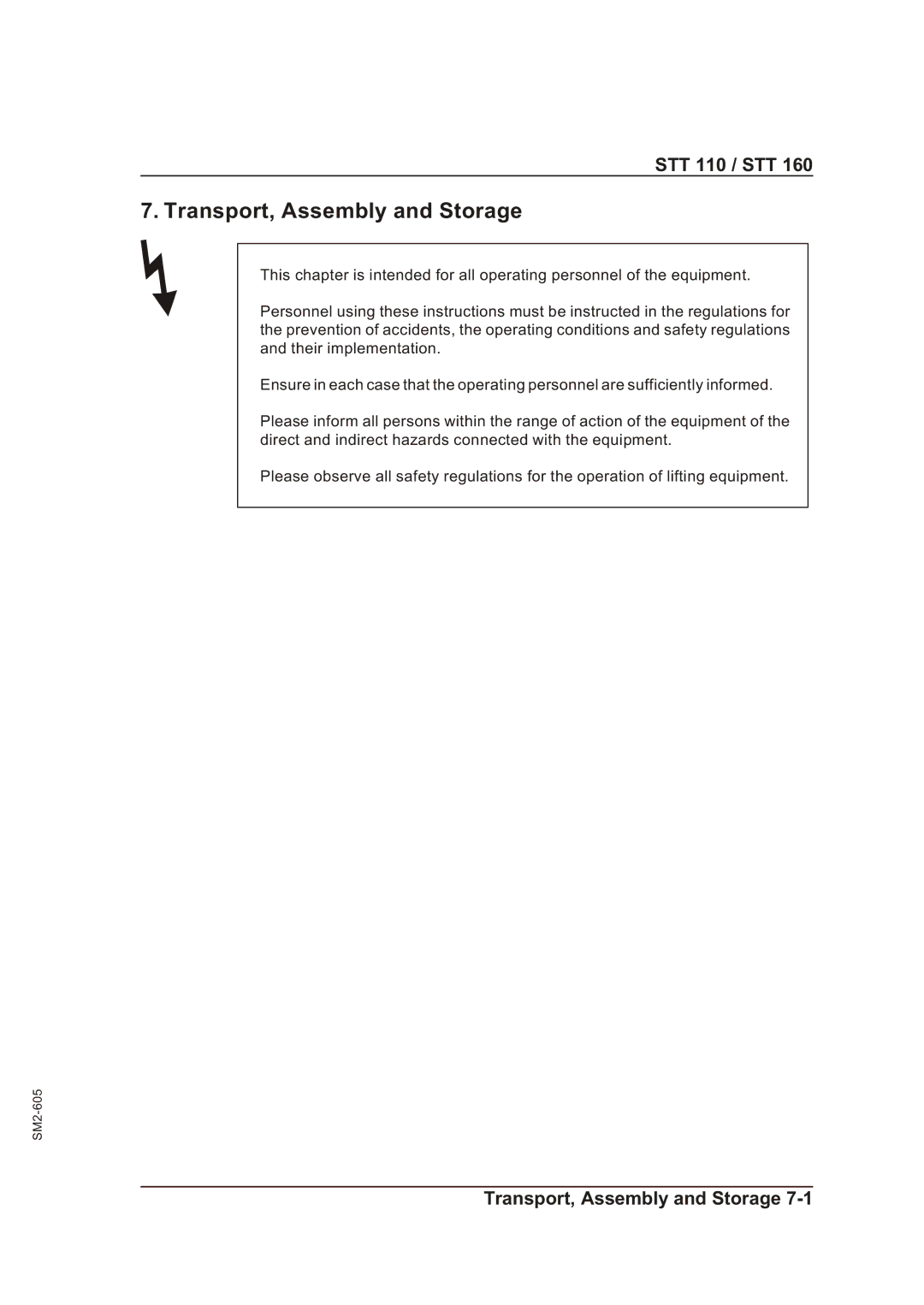 Sterling STT 160, STT 110 manual Transport, Assembly and Storage 