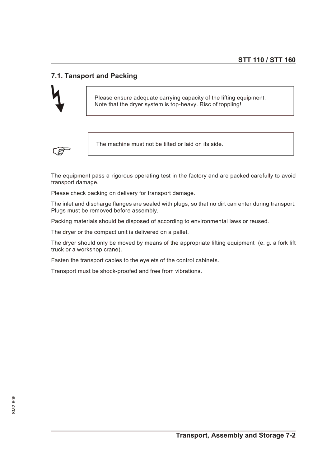Sterling STT 160 manual STT 110 / STT Tansport and Packing 