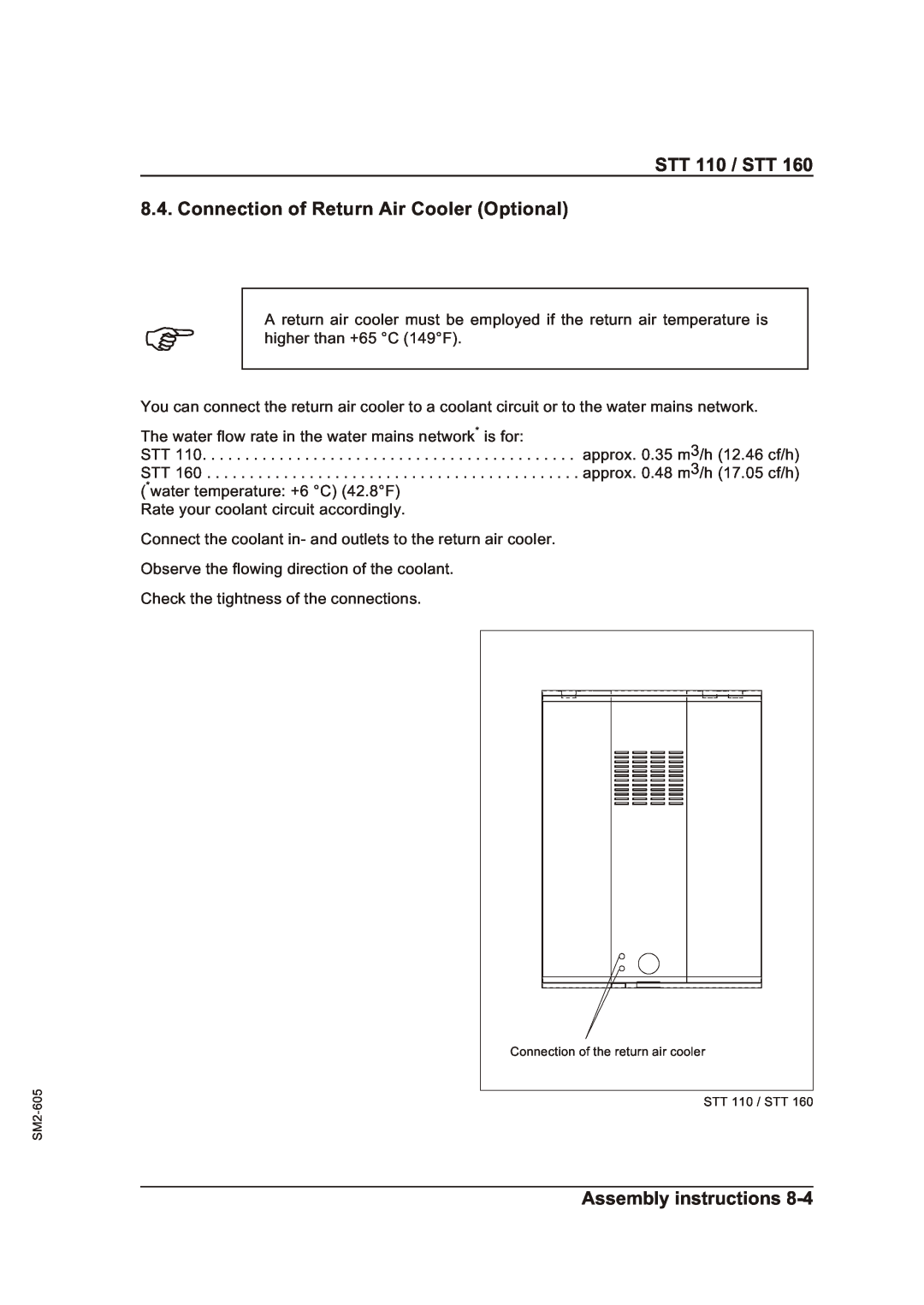 Sterling STT 160 manual Connection of Return Air Cooler Optional, STT 110 / STT, Assembly instructions 