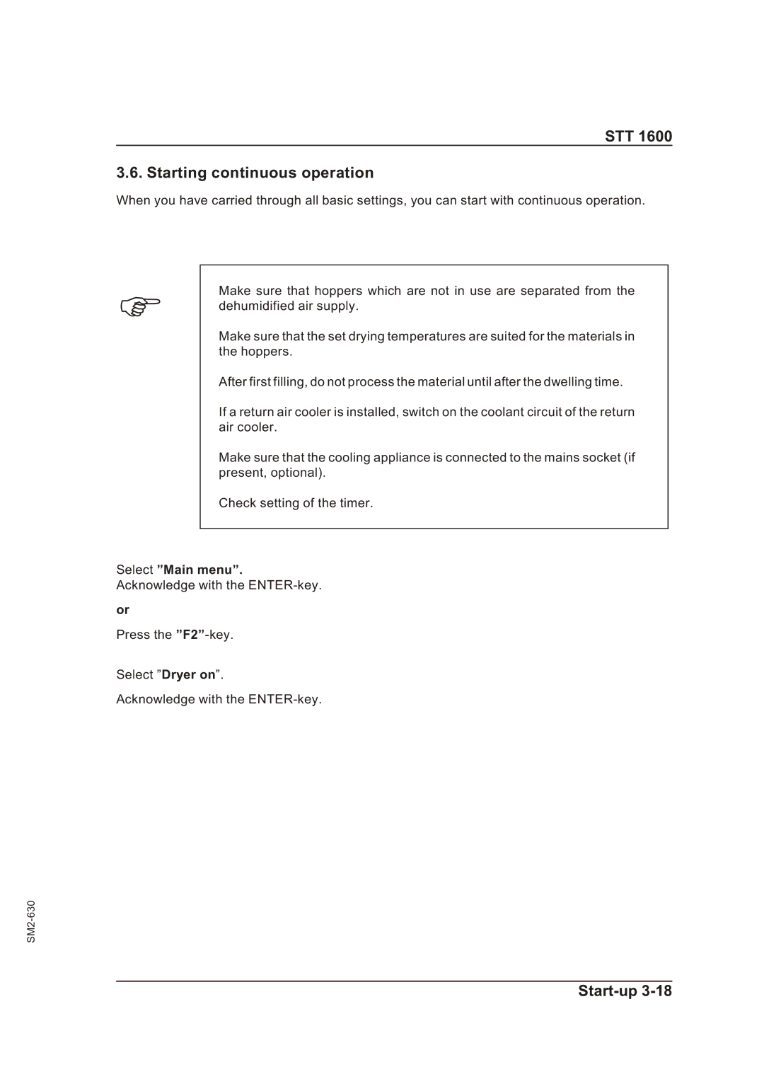 Sterling STT 1600 operating instructions STT Starting continuous operation, Select Main menu 