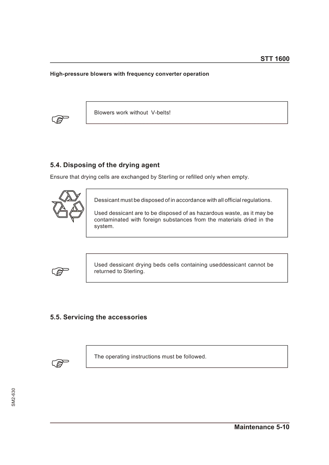 Sterling STT 1600 operating instructions Disposing of the drying agent, Servicing the accessories 