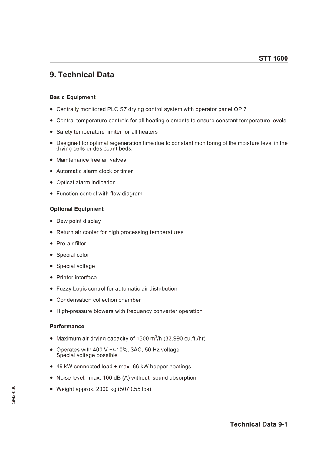 Sterling STT 1600 operating instructions Technical Data, Basic Equipment, Optional Equipment, Performance 