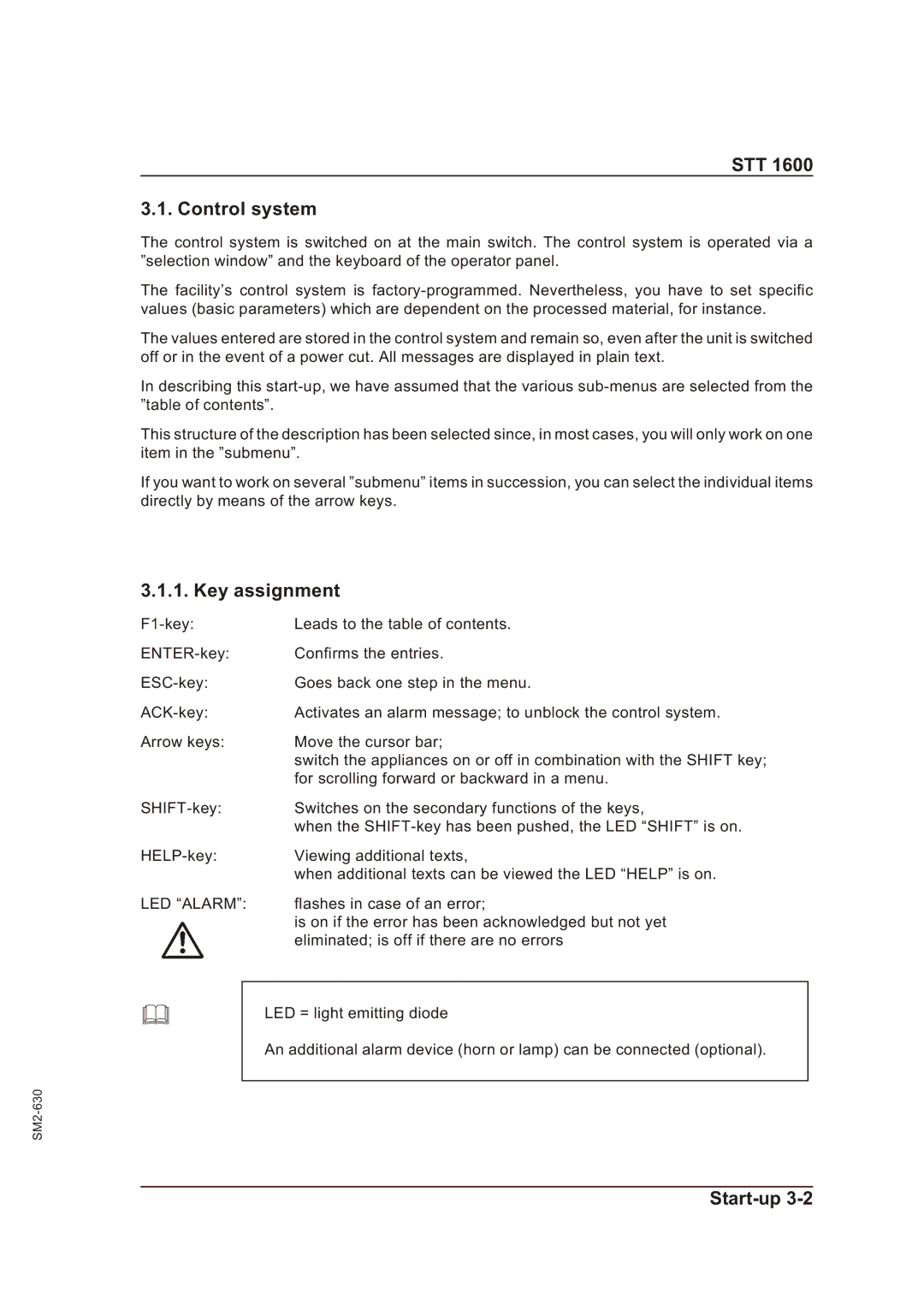 Sterling STT 1600 operating instructions STT Control system, Key assignment 