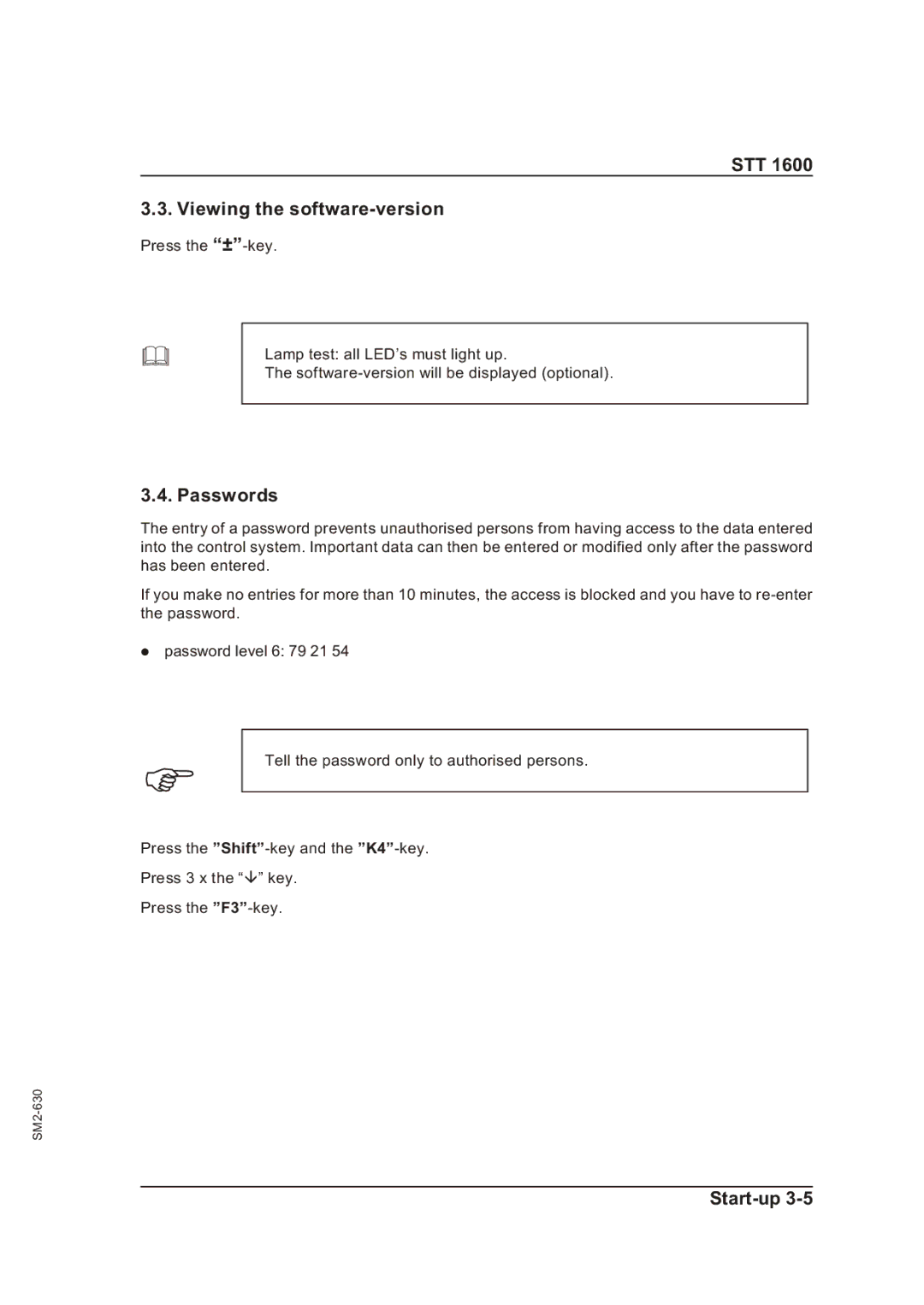 Sterling STT 1600 operating instructions STT Viewing the software-version, Passwords 