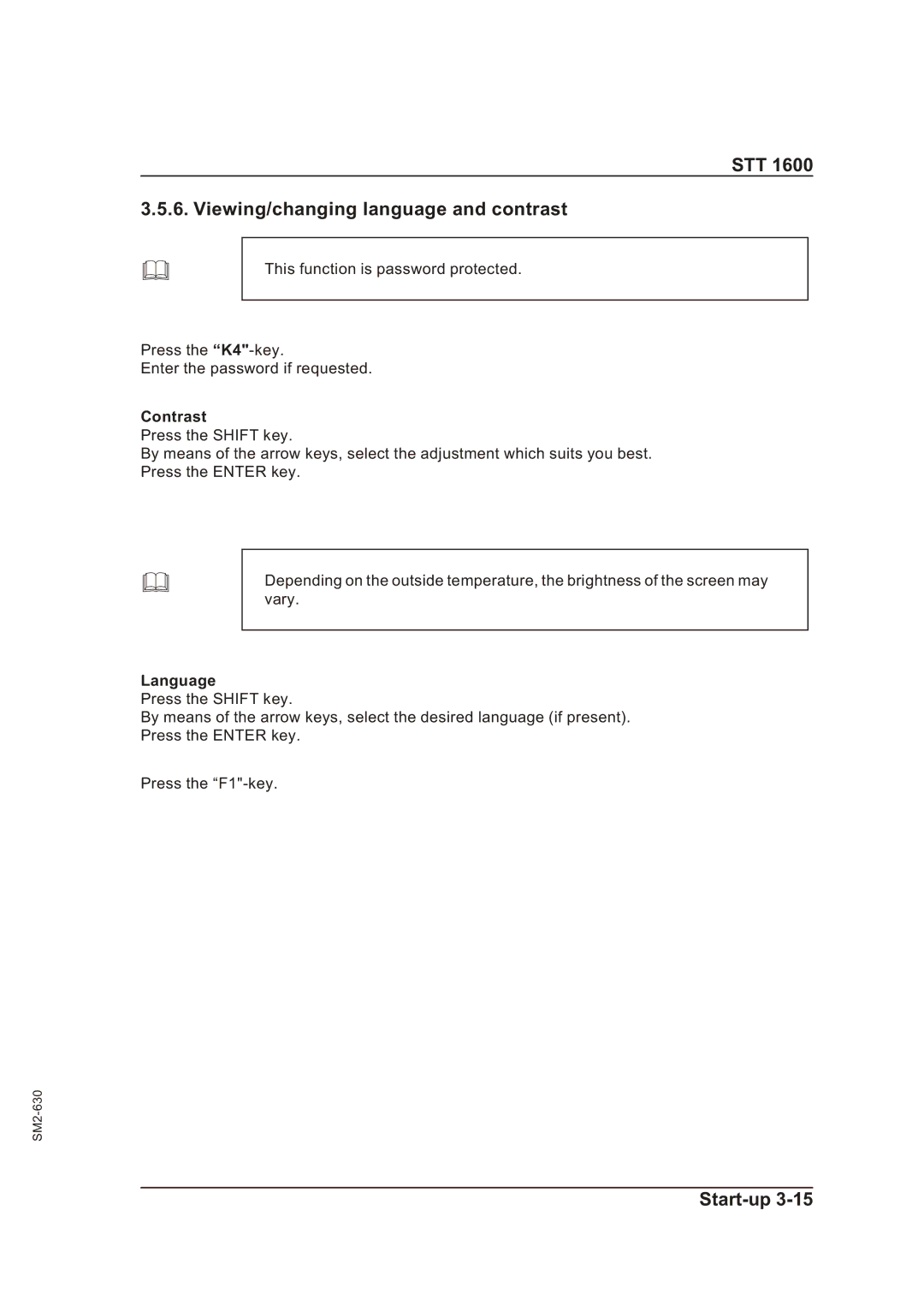 Sterling STT 1600 operating instructions STT Viewing/changing language and contrast, Contrast, Language 