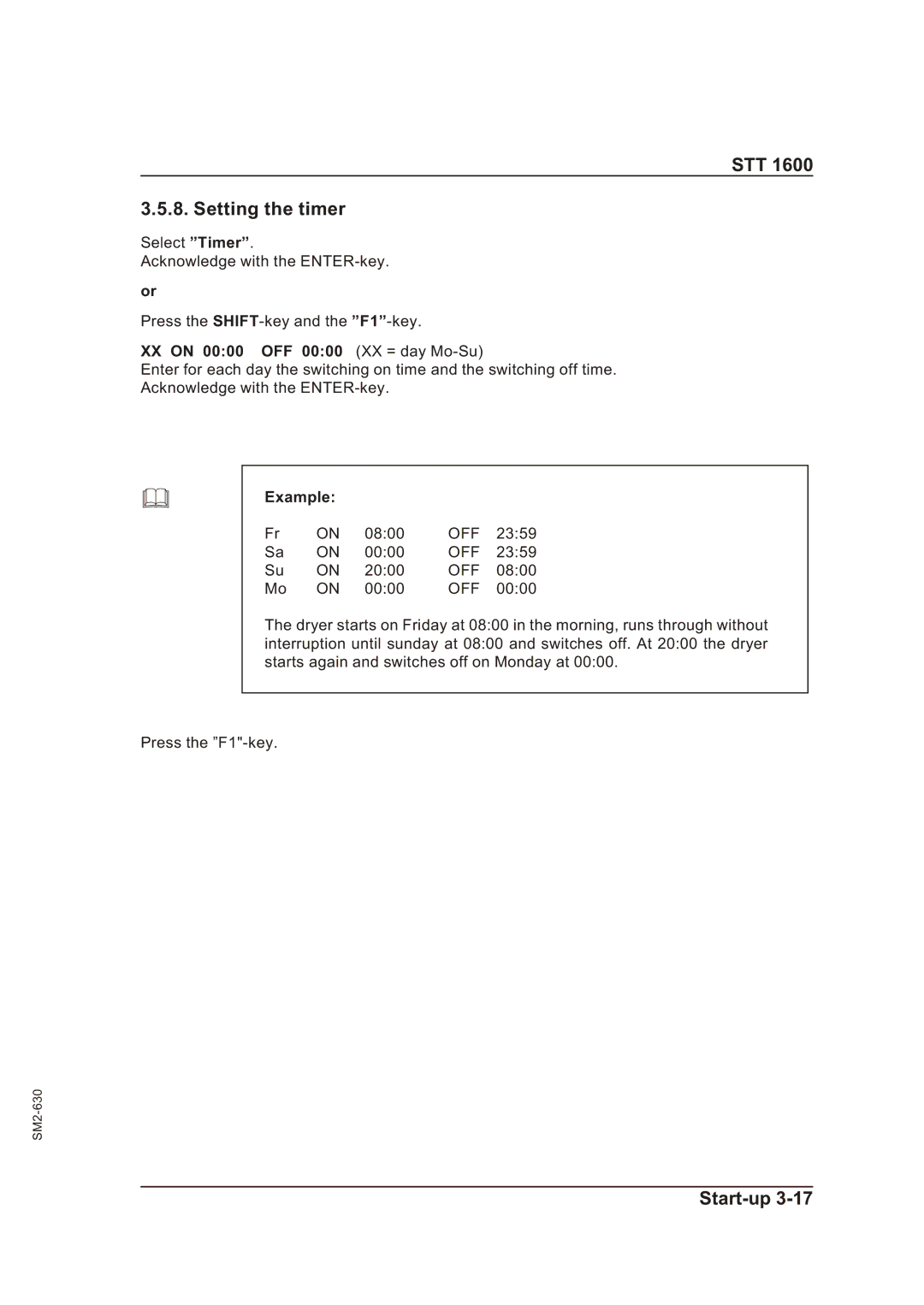 Sterling STT 1600 operating instructions STT Setting the timer, XX on 0000 OFF 0000 XX = day Mo-Su, Example 