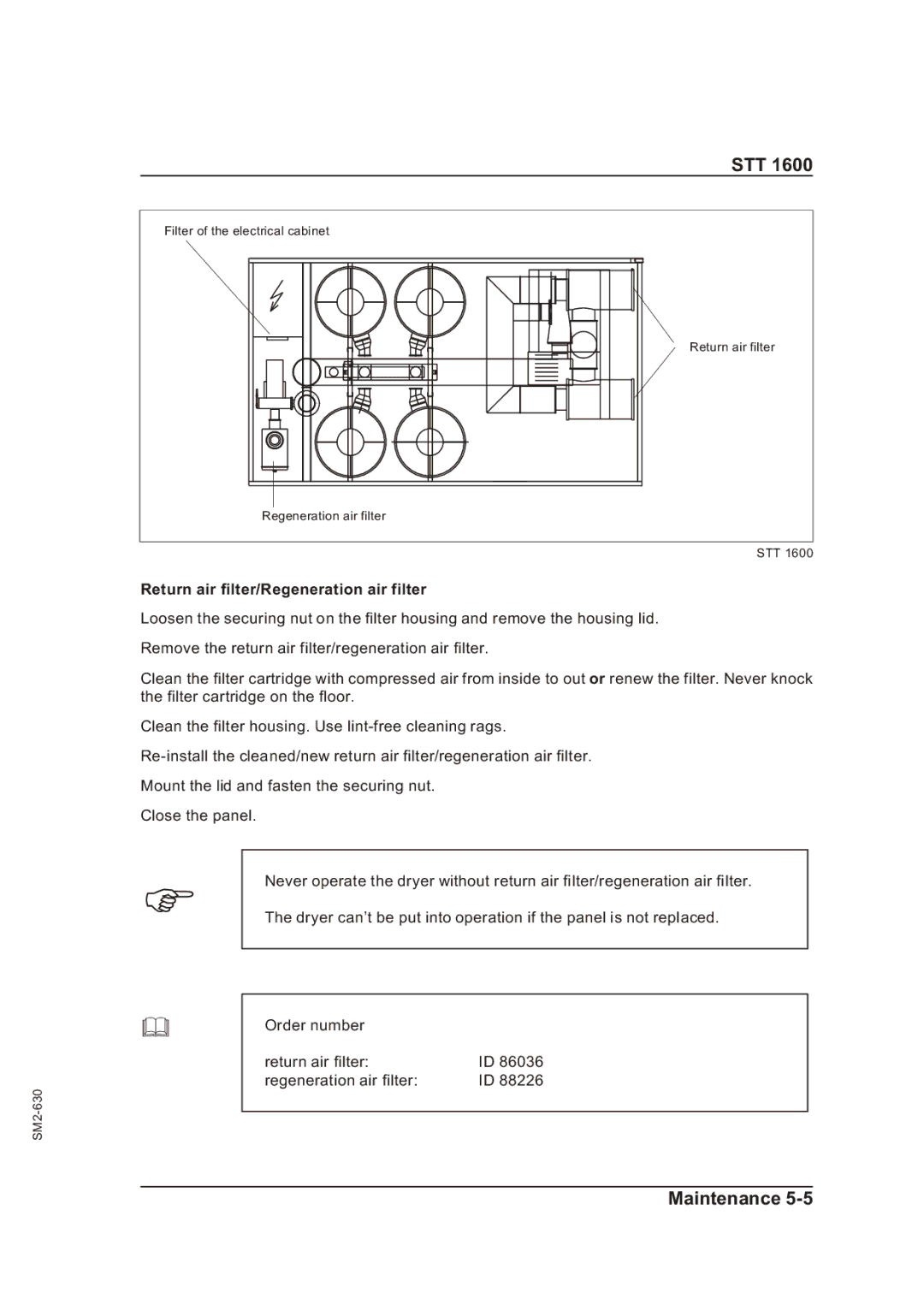 Sterling STT 1600 operating instructions Stt, Return air filter/Regeneration air filter 