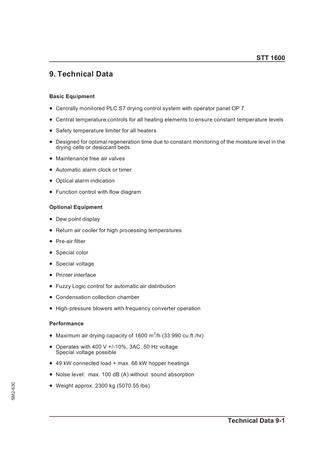 Sterling STT 1600 operating instructions Technical Data, Basic Equipment, Optional Equipment, Performance 