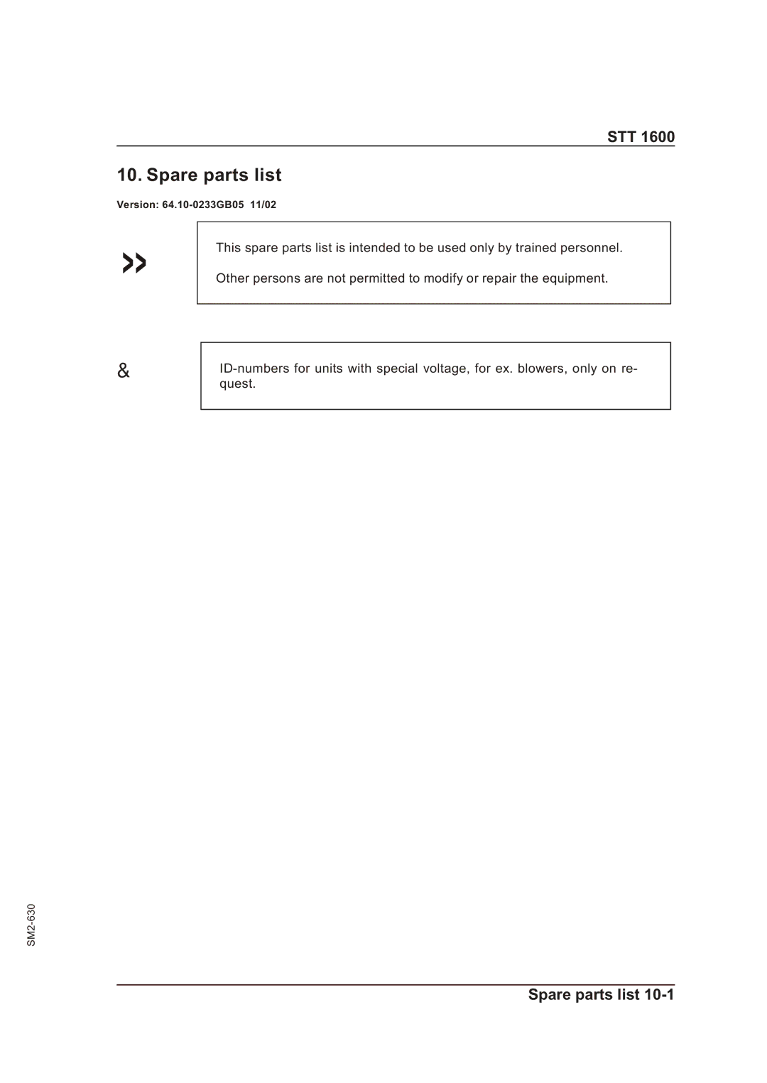 Sterling STT 1600 operating instructions Spare parts list 