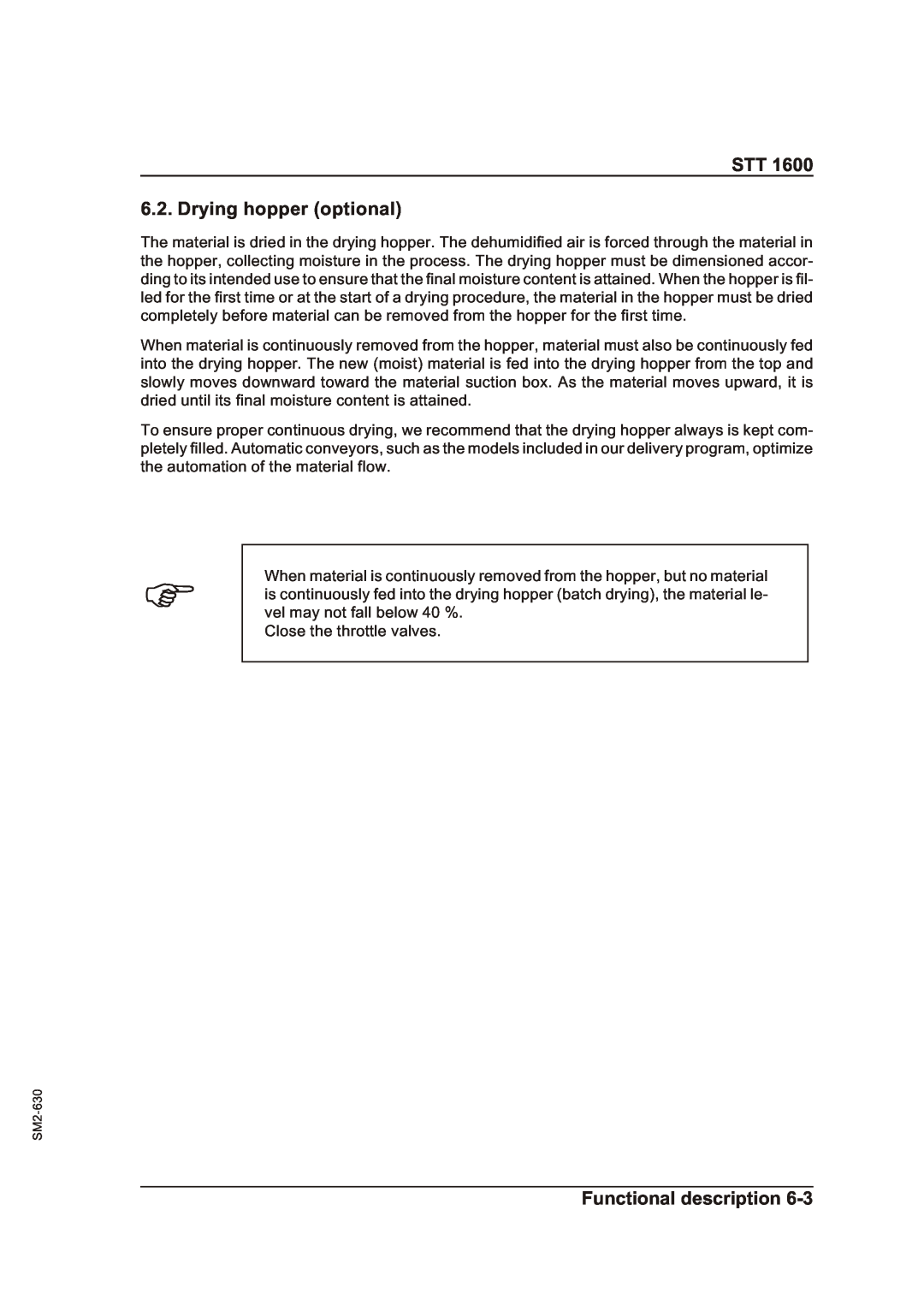 Sterling STT 1600 operating instructions STT 6.2. Drying hopper optional, Functional description 