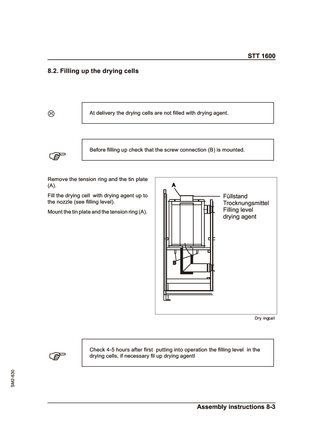 Sterling STT 1600 operating instructions STT 8.2. Filling up the drying cells, Assembly instructions 