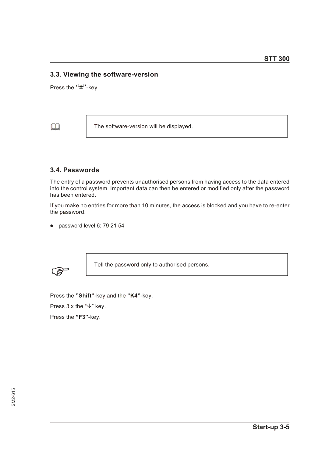 Sterling STT 300 operating instructions STT Viewing the software-version, Passwords 