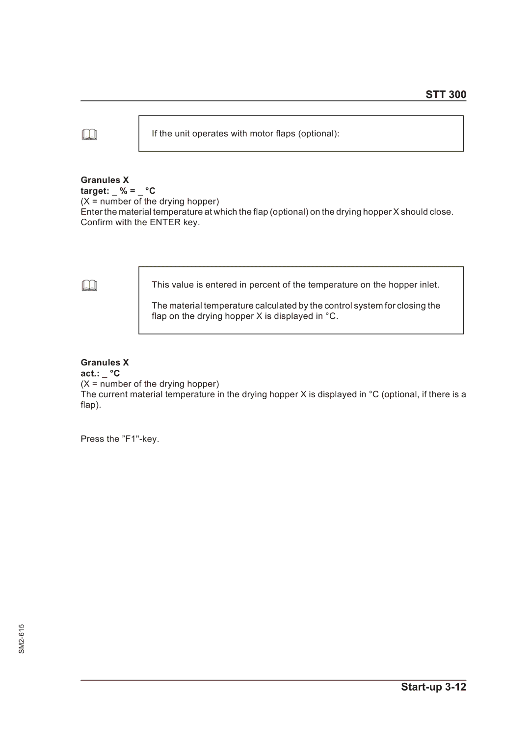 Sterling STT 300 operating instructions Granules Target % = C, Granules Act. C 