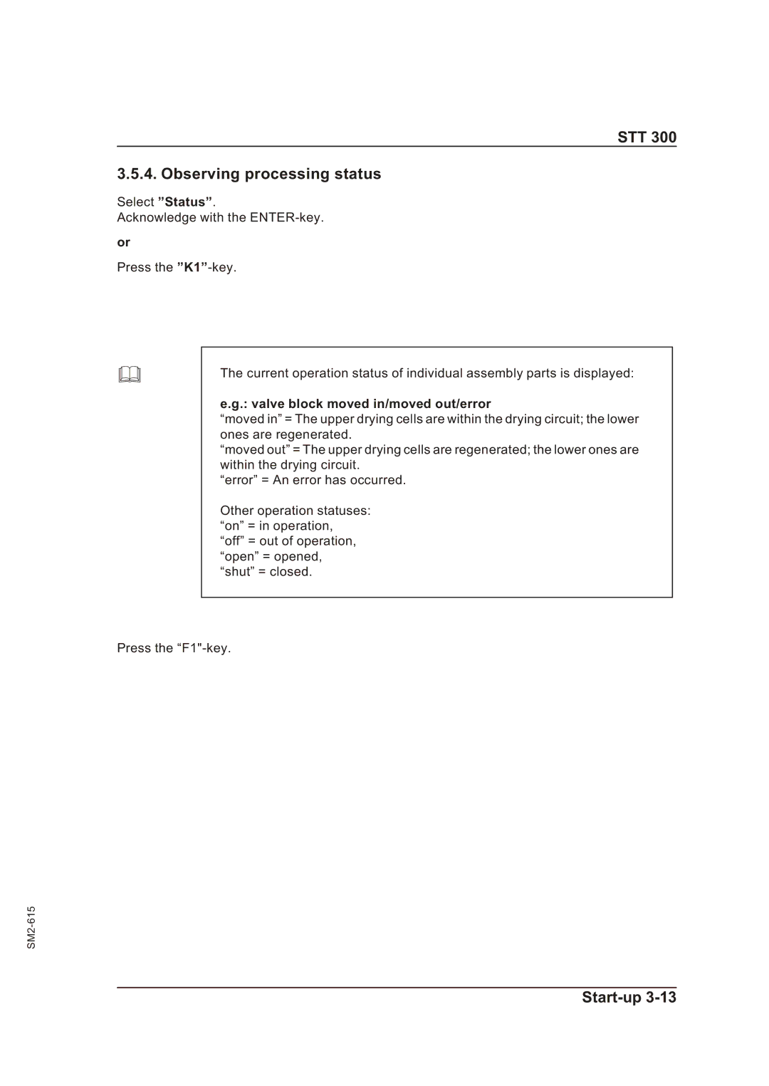 Sterling STT 300 operating instructions STT Observing processing status, Valve block moved in/moved out/error 