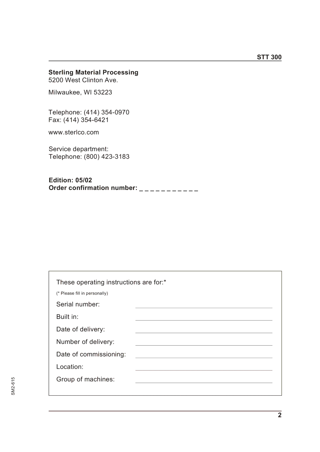 Sterling STT 300 operating instructions STT Sterling Material Processing, Edition 05/02 Order confirmation number 