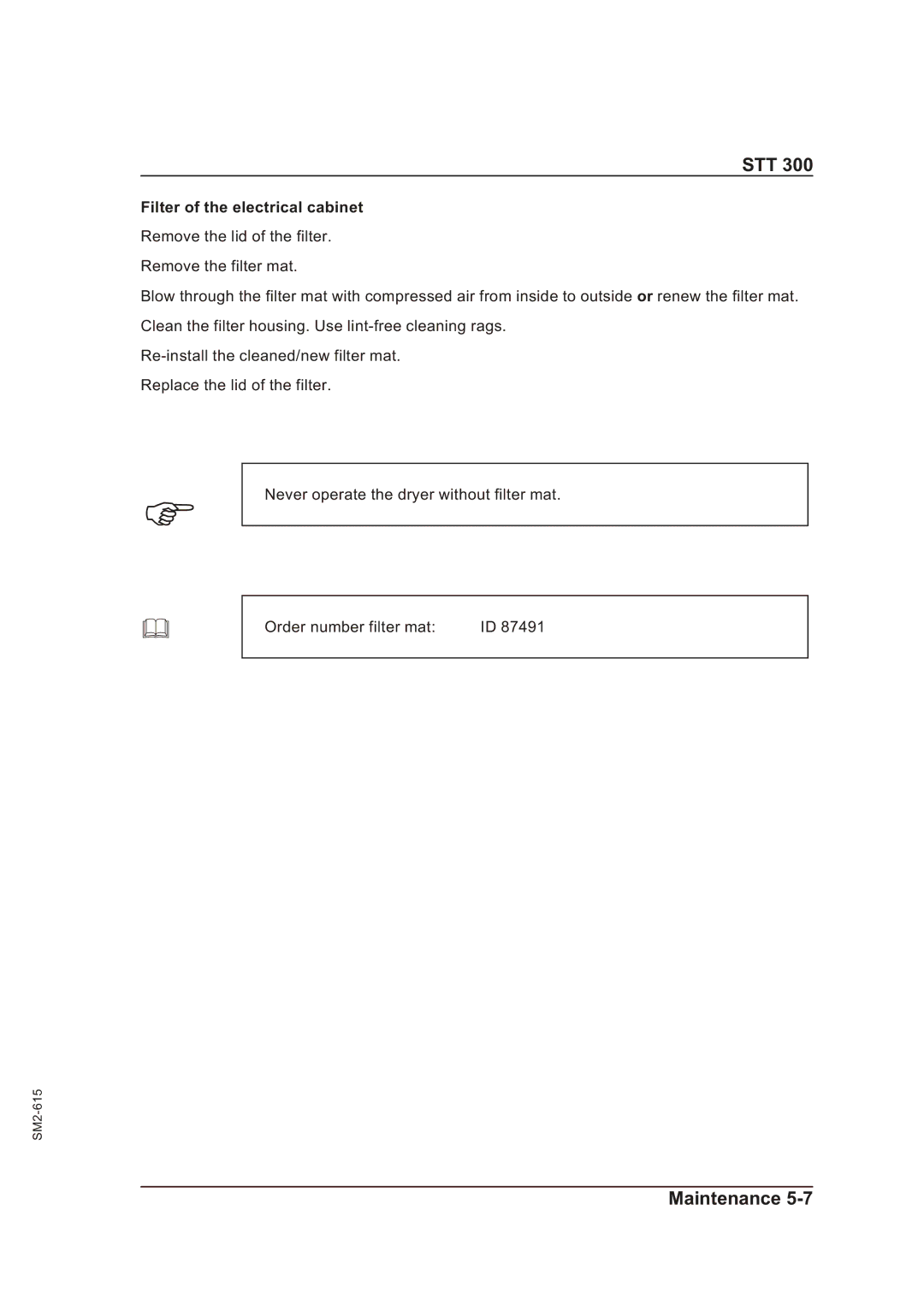 Sterling STT 300 operating instructions Filter of the electrical cabinet 