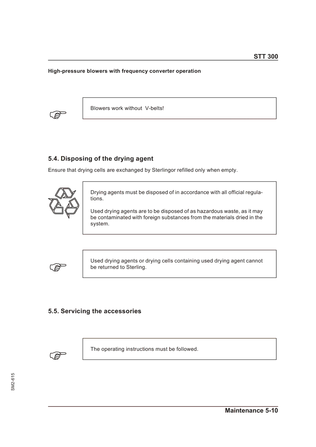 Sterling STT 300 operating instructions Disposing of the drying agent, Servicing the accessories 