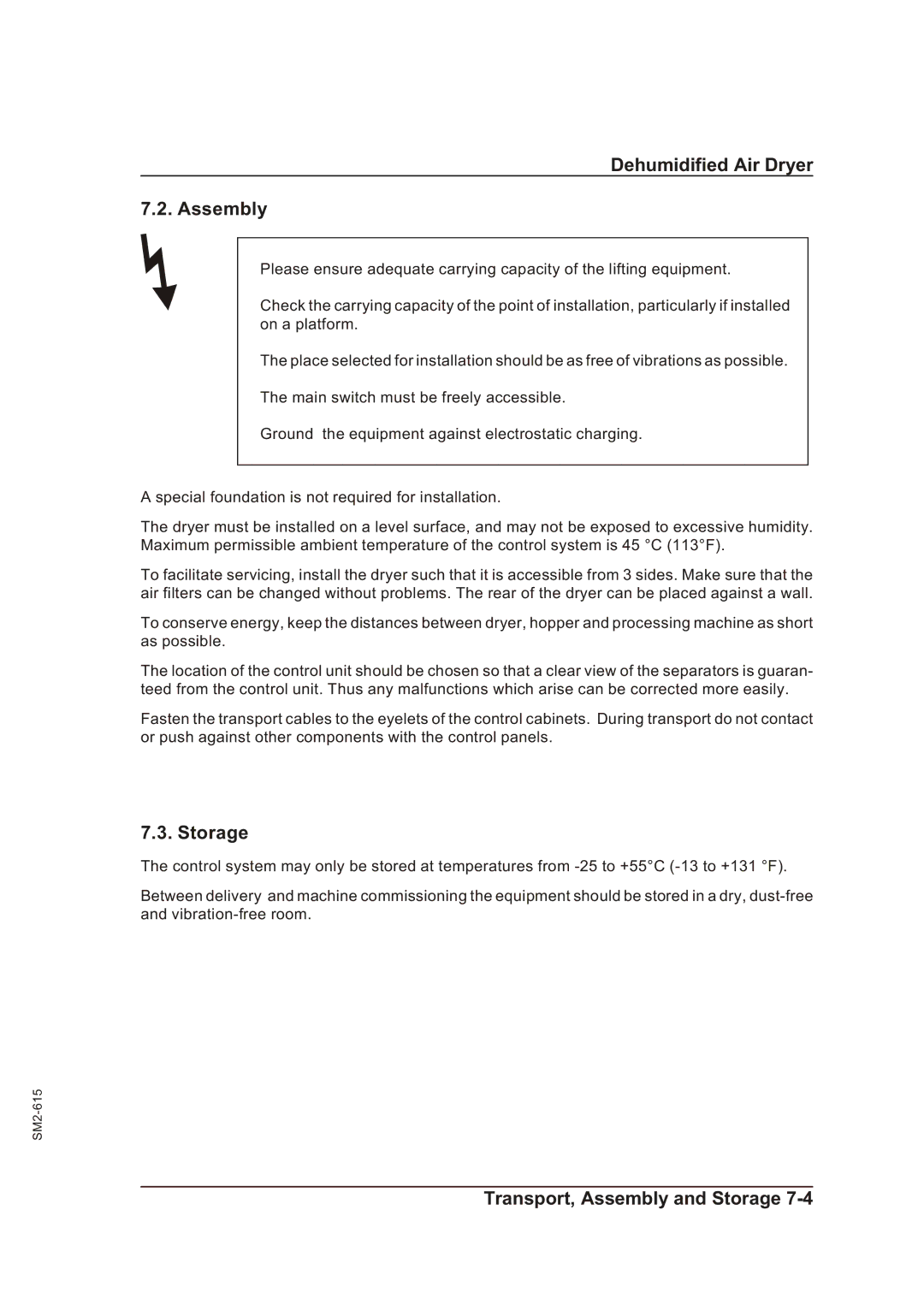 Sterling STT 300 operating instructions Dehumidified Air Dryer Assembly, Storage 