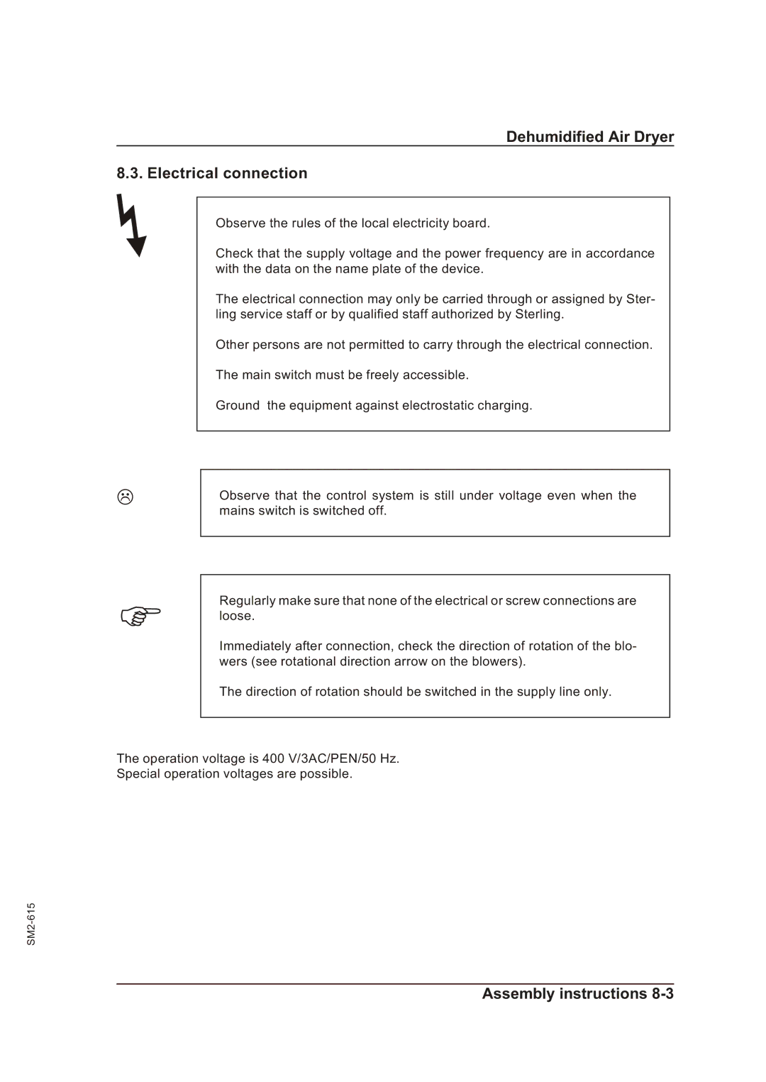 Sterling STT 300 operating instructions Dehumidified Air Dryer Electrical connection 