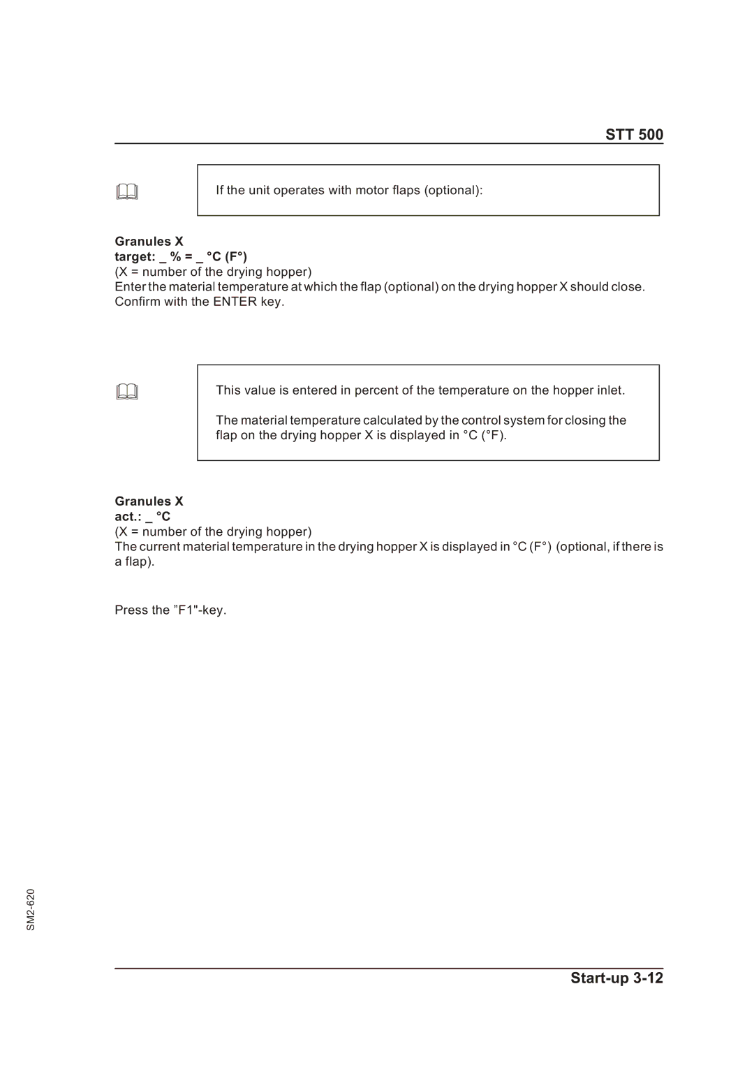 Sterling STT 500 manual Target % = C F, Granules Act. C 