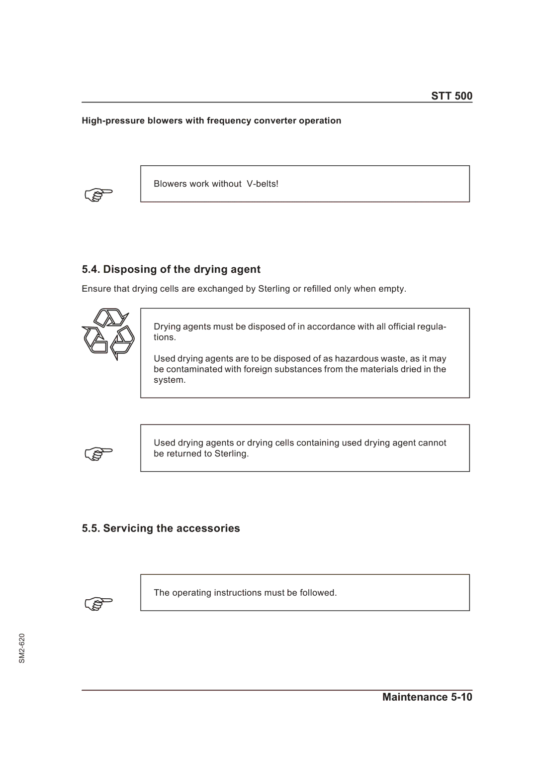 Sterling STT 500 manual Disposing of the drying agent, Servicing the accessories 
