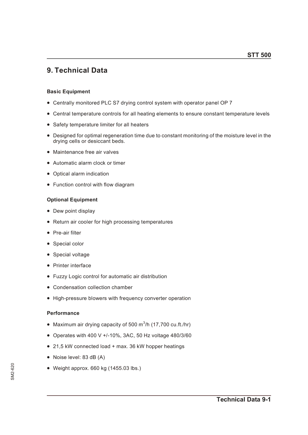 Sterling STT 500 manual Technical Data, Basic Equipment, Optional Equipment, Performance 