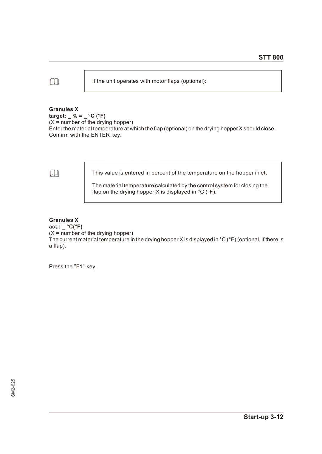 Sterling STT 800 manual Granules Target % = C F, Granules Act. CF 