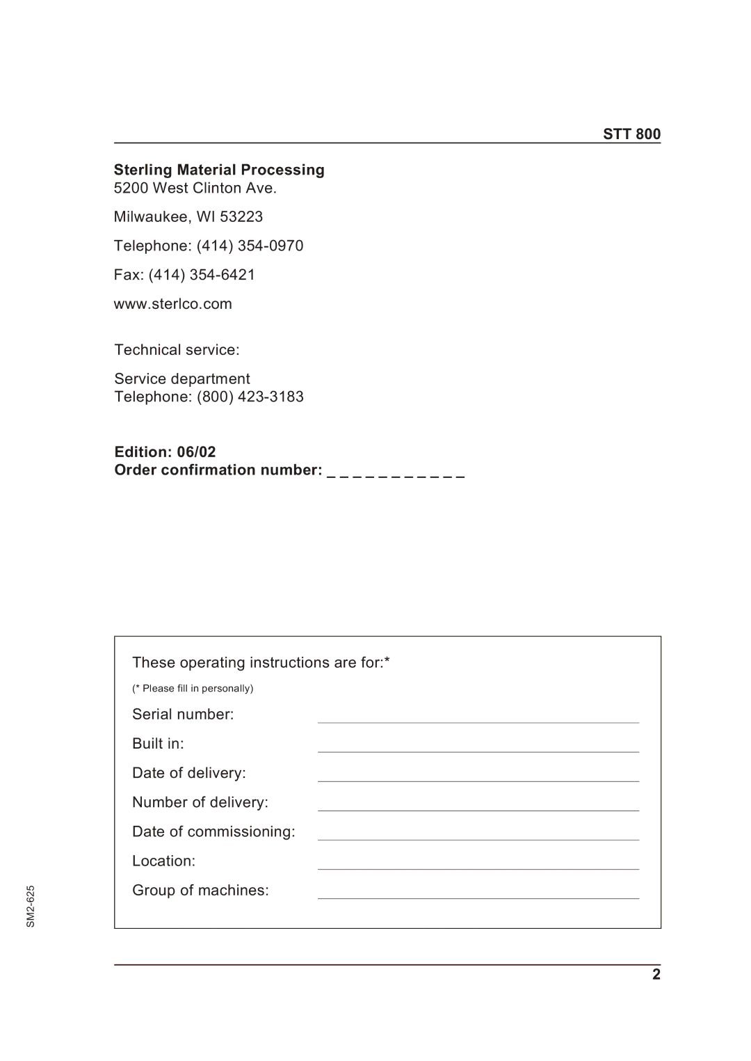 Sterling STT 800 manual STT Sterling Material Processing, Edition 06/02 Order confirmation number 