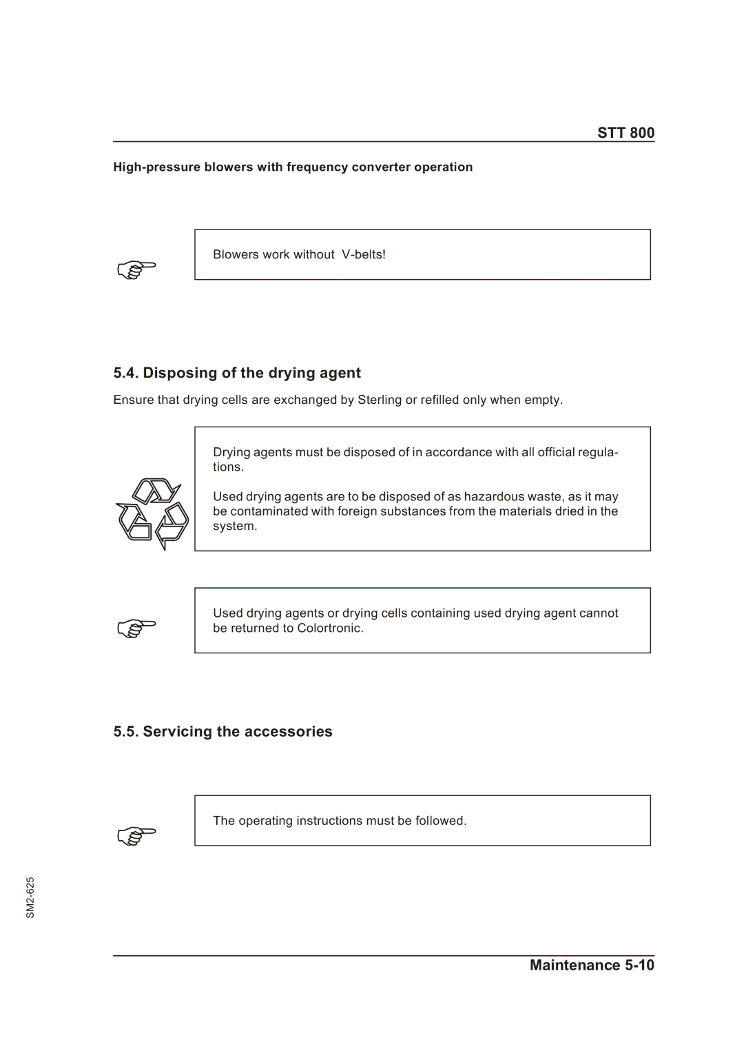 Sterling STT 800 manual Disposing of the drying agent, Servicing the accessories 
