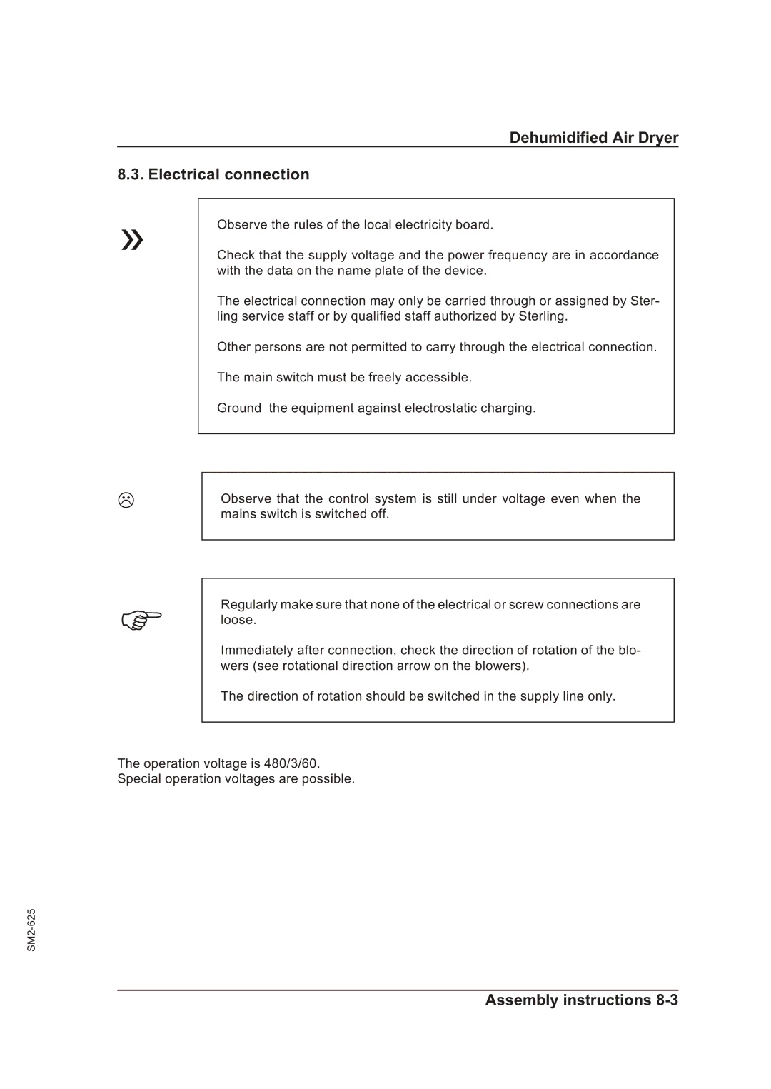 Sterling STT 800 manual Dehumidified Air Dryer Electrical connection 