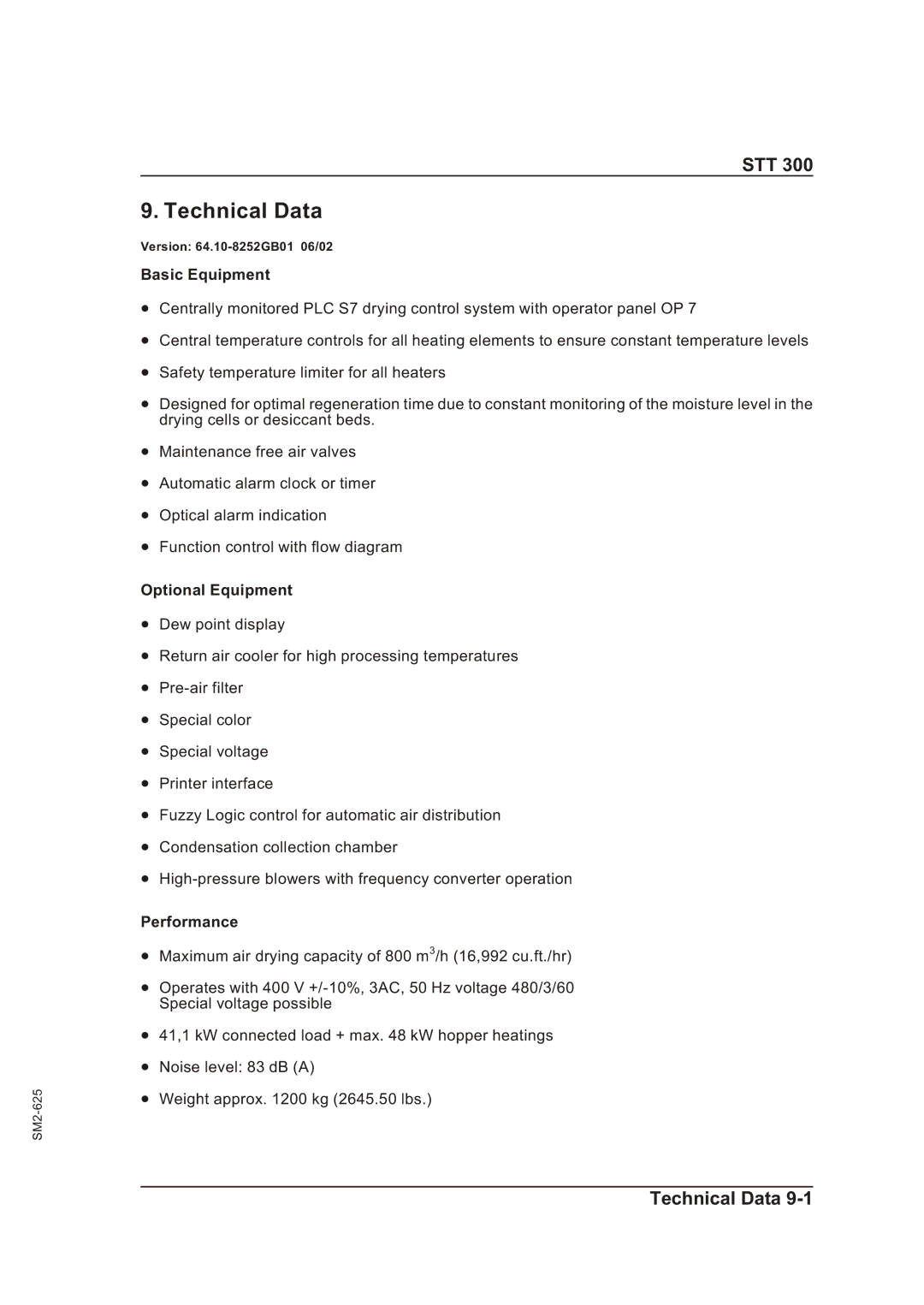 Sterling STT 800 manual Technical Data, Basic Equipment, Optional Equipment, Performance 