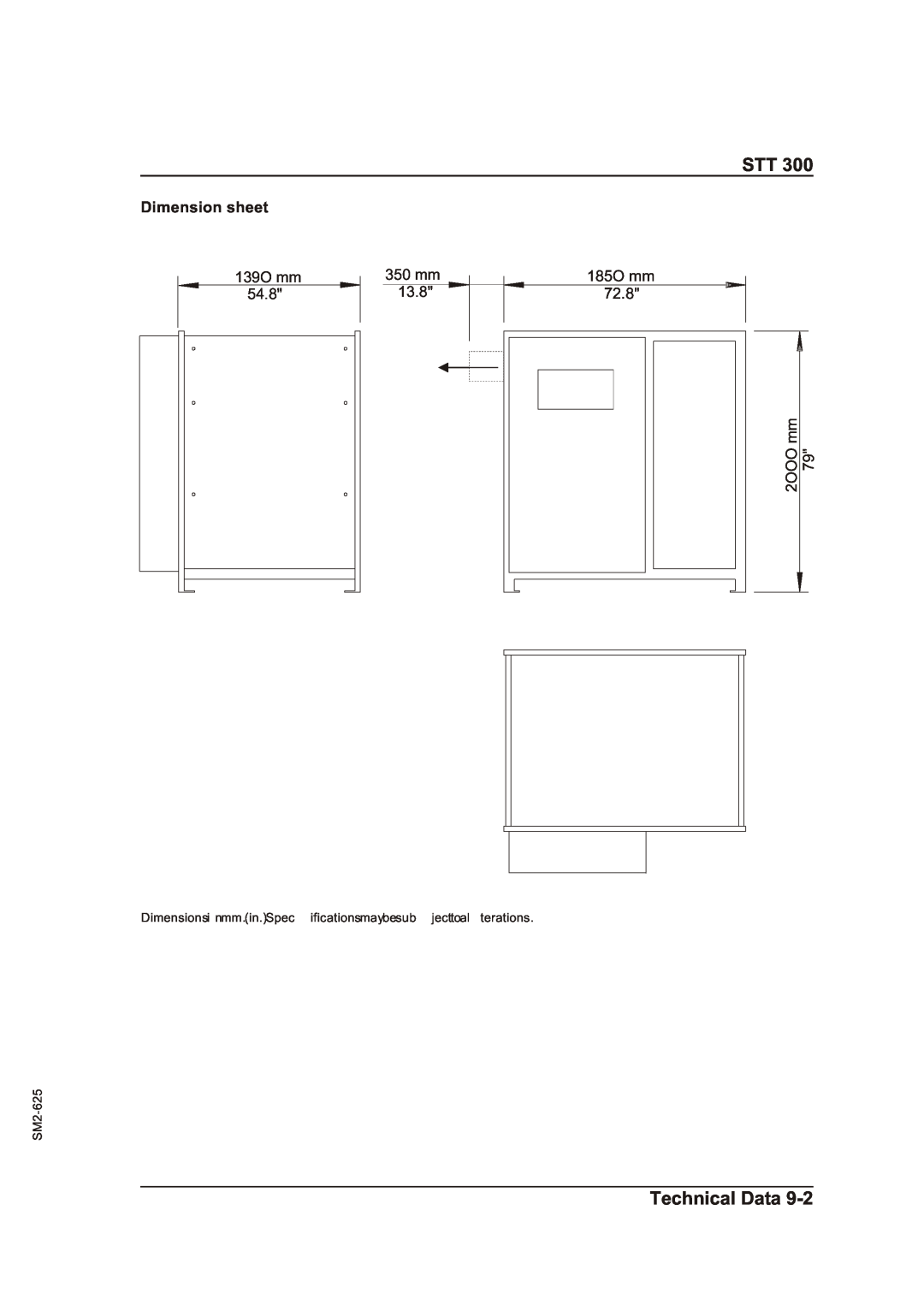 Sterling STT 800 manual Technical Data, Dimension sheet, 139O mm, 350mm, 185O mm 72.8 2OOO mm, SM2-625 