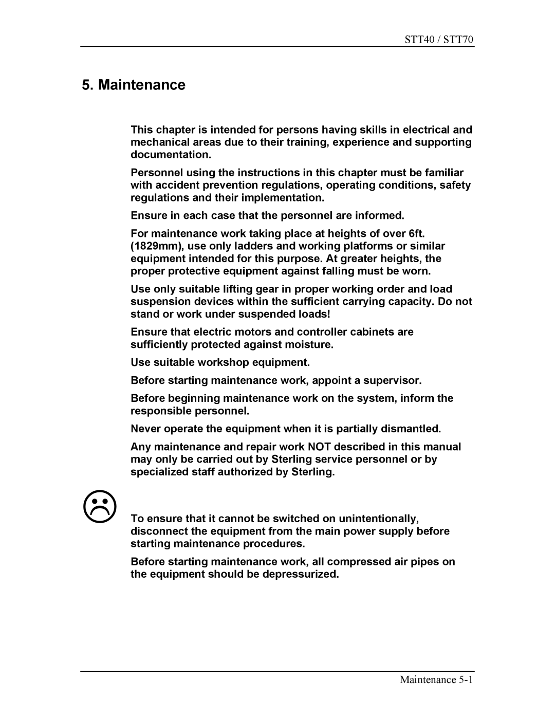 Sterling STT40, STT70 manual Maintenance 