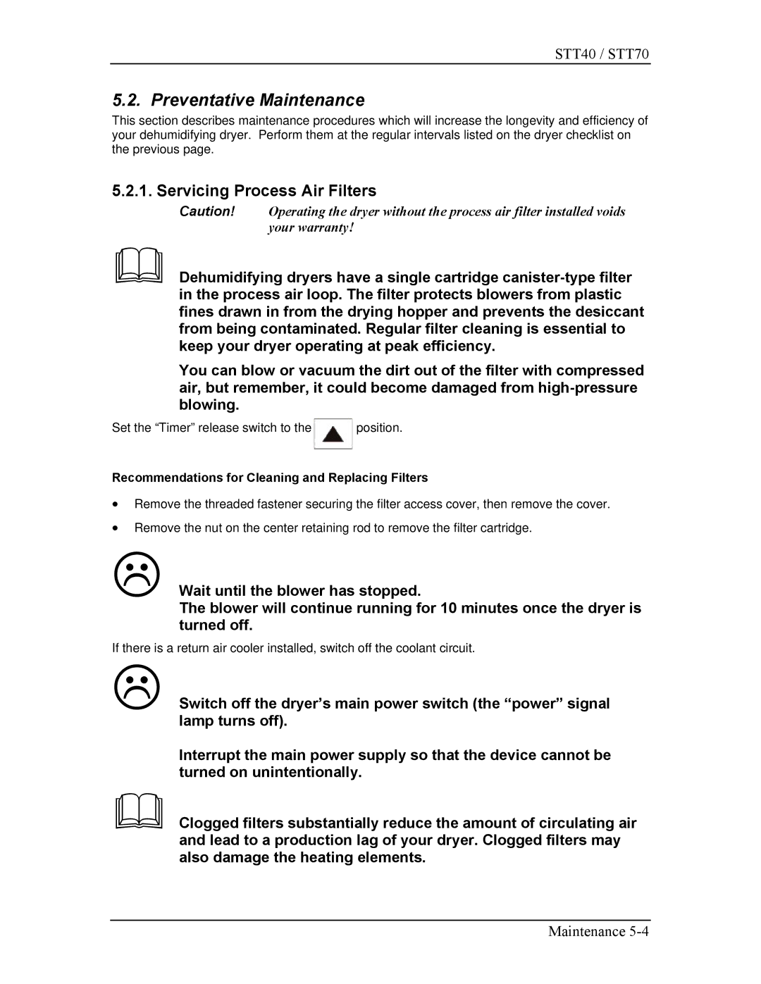 Sterling STT70 Preventative Maintenance, Servicing Process Air Filters, Recommendations for Cleaning and Replacing Filters 