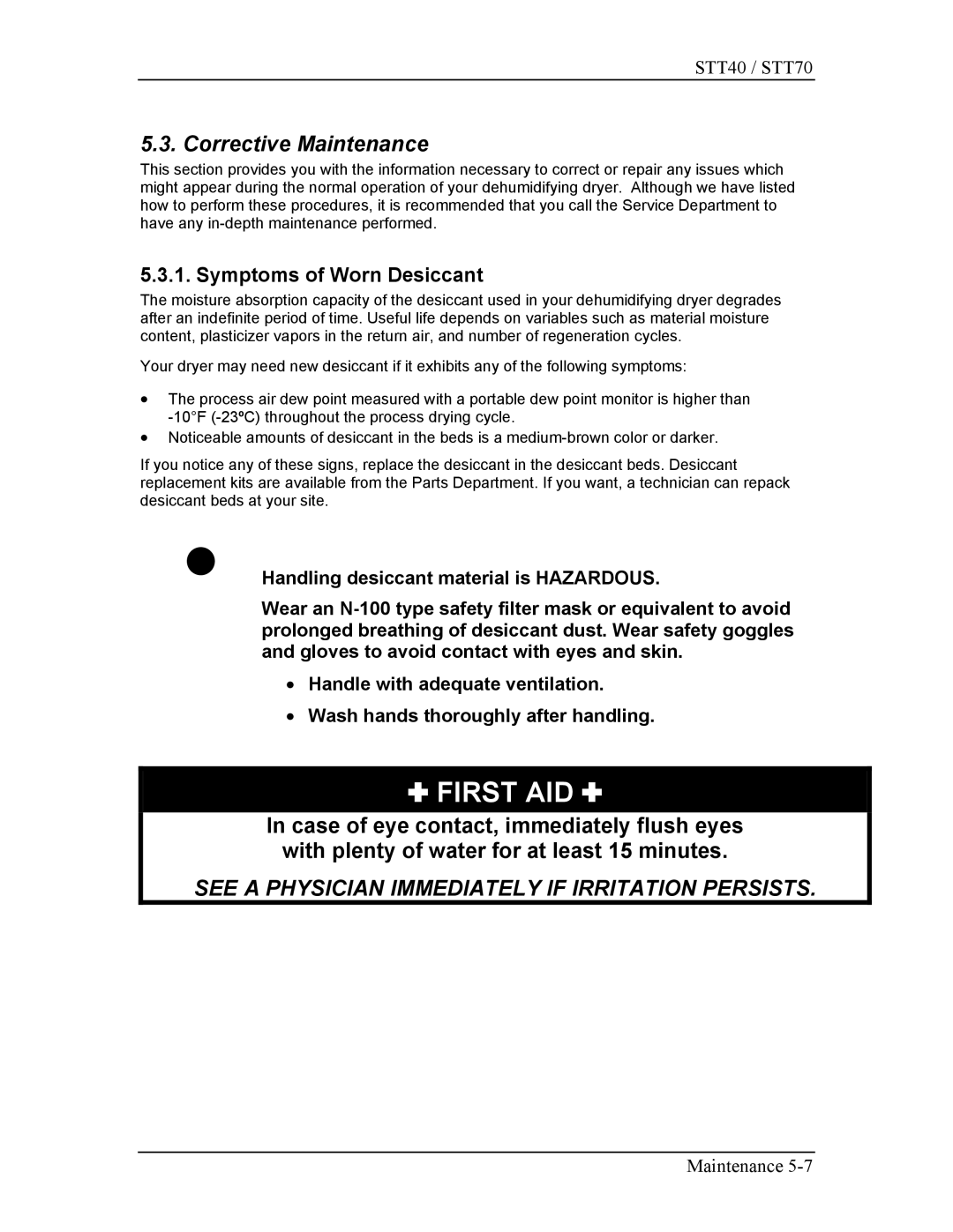 Sterling STT40, STT70 manual Corrective Maintenance, Symptoms of Worn Desiccant 