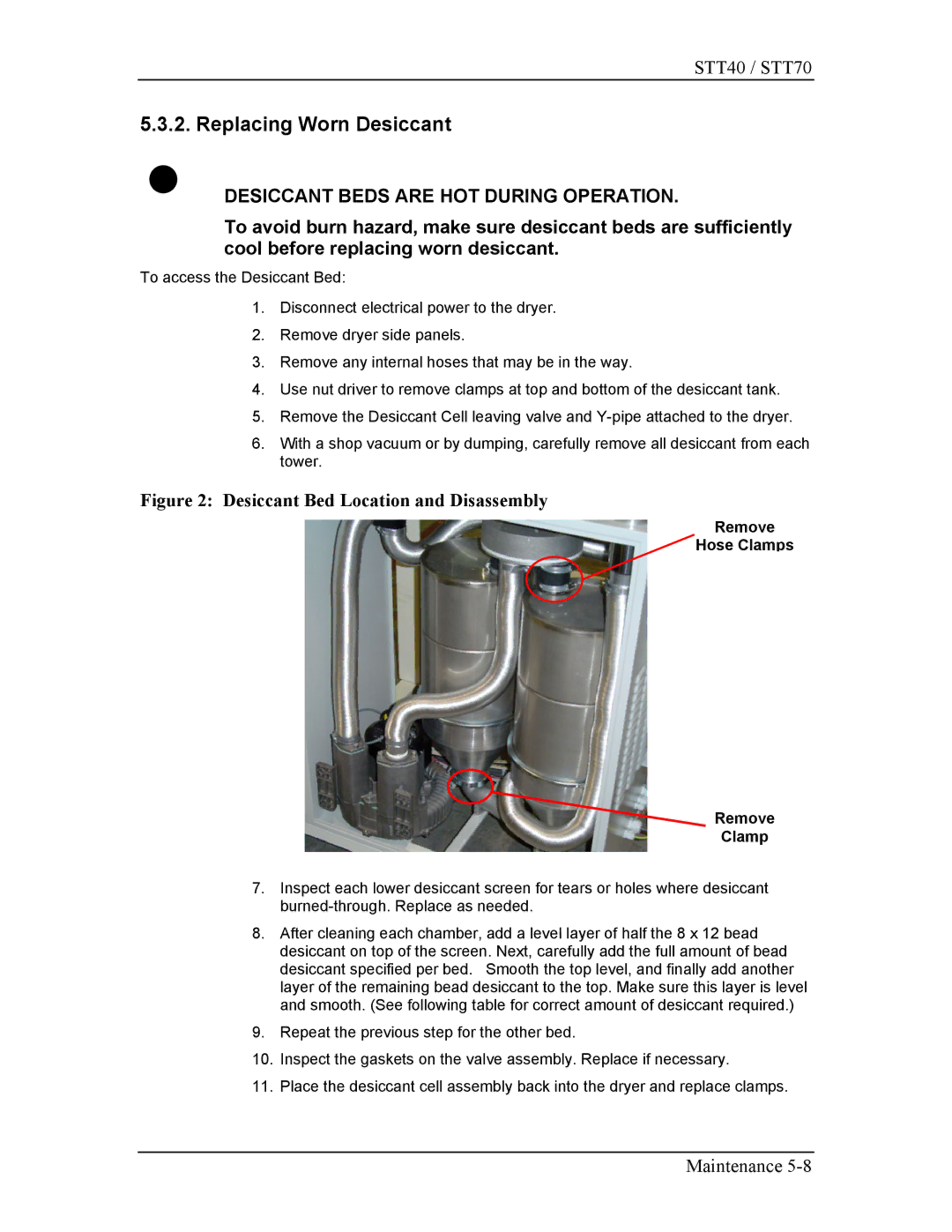 Sterling STT70, STT40 manual Replacing Worn Desiccant, Remove Hose Clamps 