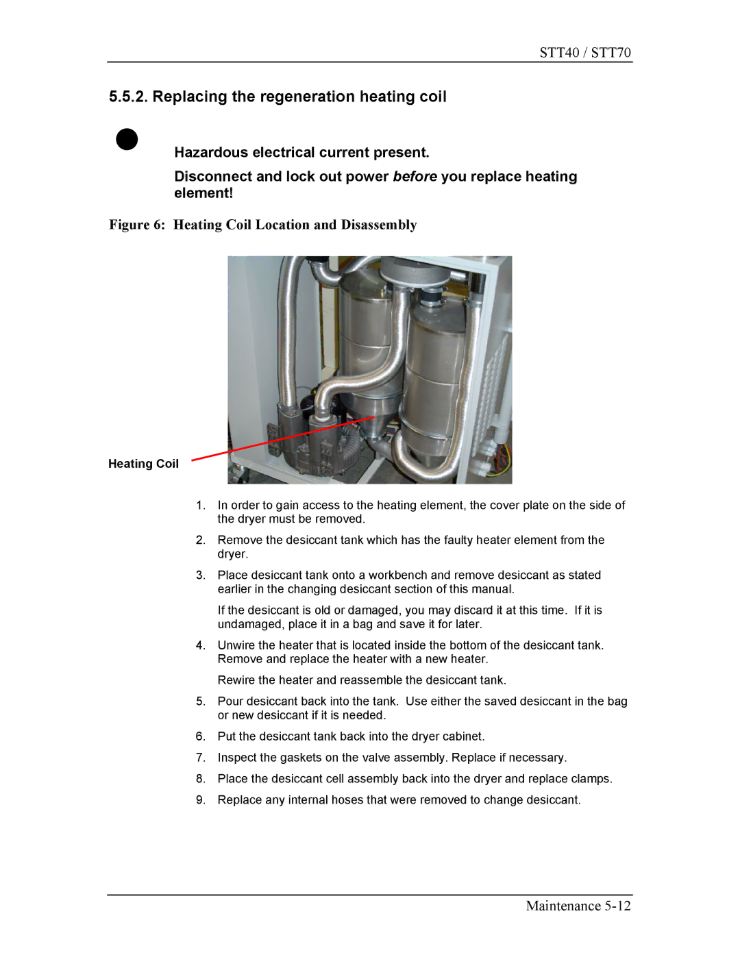 Sterling STT70, STT40 manual Replacing the regeneration heating coil, Heating Coil 